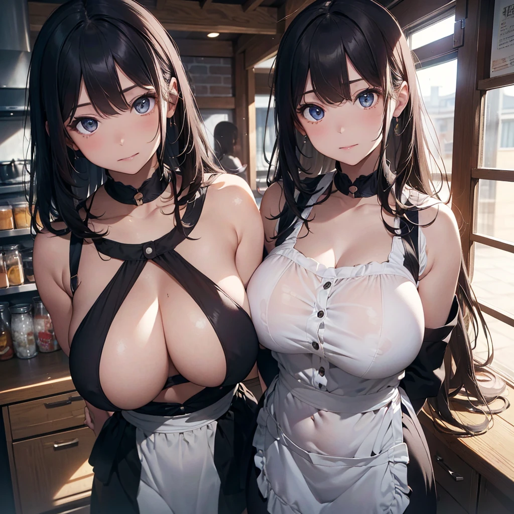 ((ultra-quality)), (in 8K), 2women(different hair style), (different eye color), ultla highres, Hyper Detailed, High contrast, Ultrafine Strike, creative refinement, absurdres, Realistic, extremely detailed CG unified 8k wallpaper, Highly detailed, High-definition raw color photos, professional photograpy, Realistic portrait, Cinematic Light, Beautiful detailed, 27 years old woman, ((Best quality, 8k, Masterpiece: 1.3)), Slim abdomen, ((Layered haircut, Large breasts: 1.2)), (no bra), (Sheer nipples:1.1), (Sheer areola:1.1), (breasts are covered with backless apron:1.2), (smooth stomach), , Highly detailed face and skin texture, (realistic skin:1.5), (shiny skin), (oily skin), (Best Quality:1.4), Super Detail, High quality, master piece, lifelike, Perfect face, Silly, (arms behind back:1.5), (Sharp Focus), (upper body), (close up), Delicate Beautiful Hair and Eyes and Face, Delicate eyes, radiant eyes, Lifelike, Hyper-detailing, (colossal breasts:1.6), (Big breasts:1.5), (Beautiful breasts:1.3), (arms behind back), (arms are down), Beautiful cute woman, camel-toe details, SFW, slim body, in the kitchen
