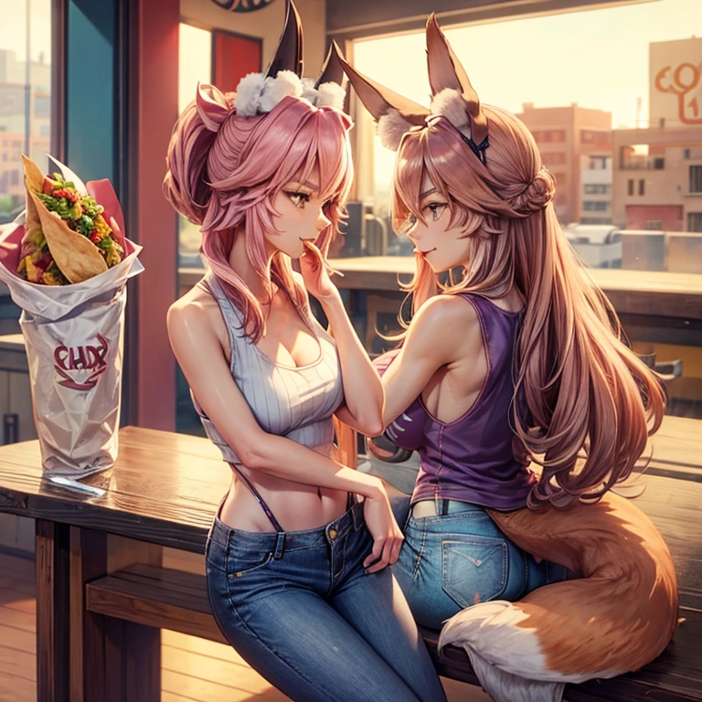 A woman with fox ears and a fox tail wearing a tank top and slim jeans eating a taco at a taco shop　The cola is on the table　Large Breasts　Big Ass　tall