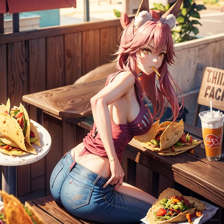 A woman with fox ears and a fox tail wearing a tank top and slim jeans eating a taco at a taco shop The cola is on the table Large Big Ass tal