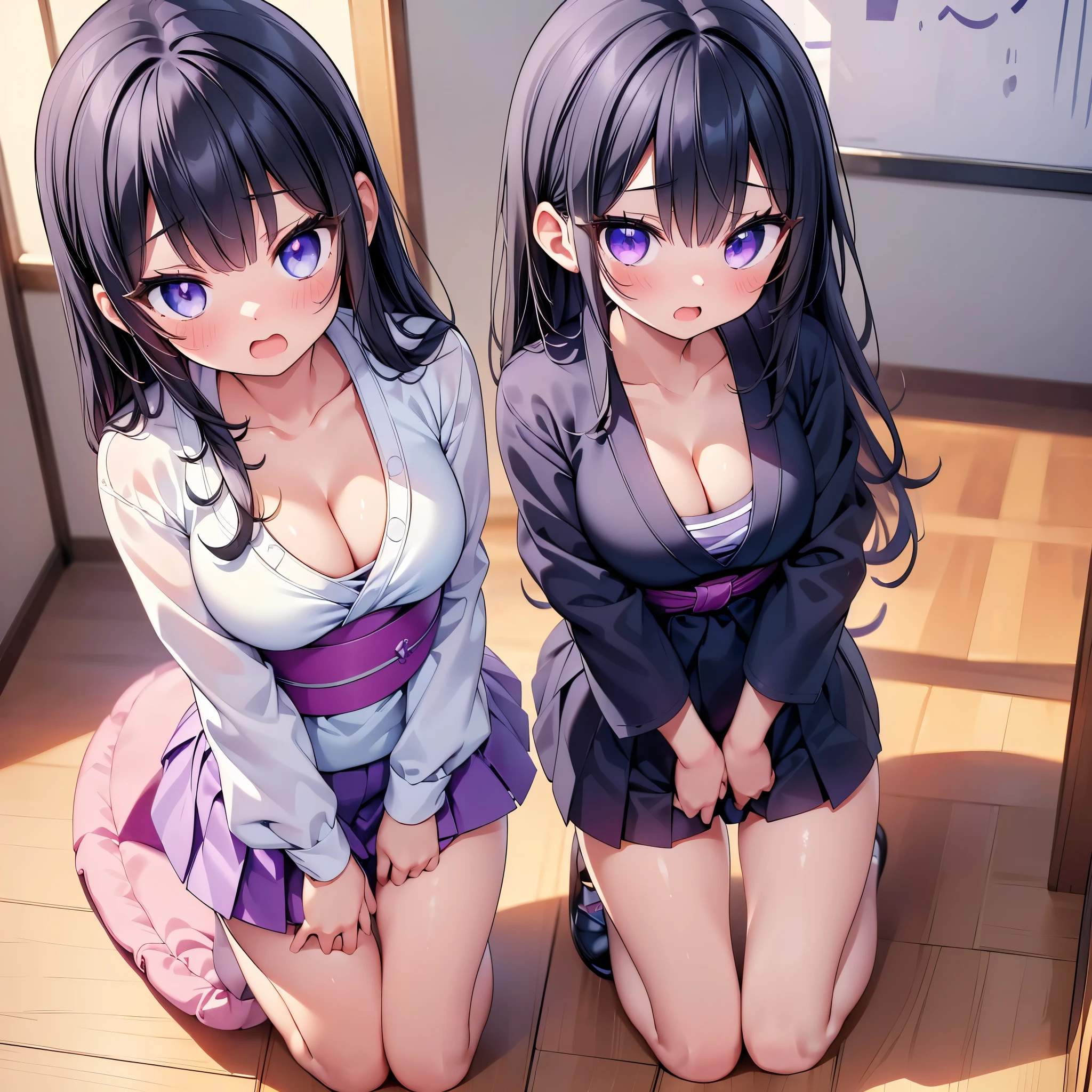(cute eyes:1.2), (sparkling eyes:1.2), (8K、Best image quality、highest quality、masterpiece)、Detailed face、(2 girls)、Improve、(Black Hair, Purple Eyes, long hair)、(open mouth), (embarrassed), (skinny body:1.1),(medium breasts), (japanese swimwear:1.1), (standing), (leaning forward), (hands on knees:1.4), (cleavage), Classroom Background, (close-up shot of bust), (from above:1.2)