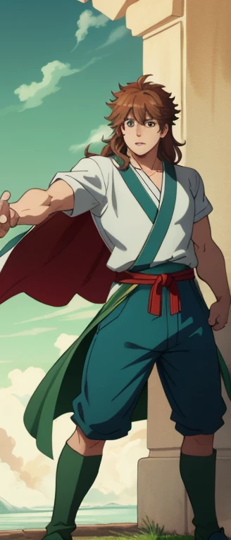 highest quality, Tabletop, 超A high resolution, Ryu Lion, Green shorts, Green Boots, White shirt, Green Cape