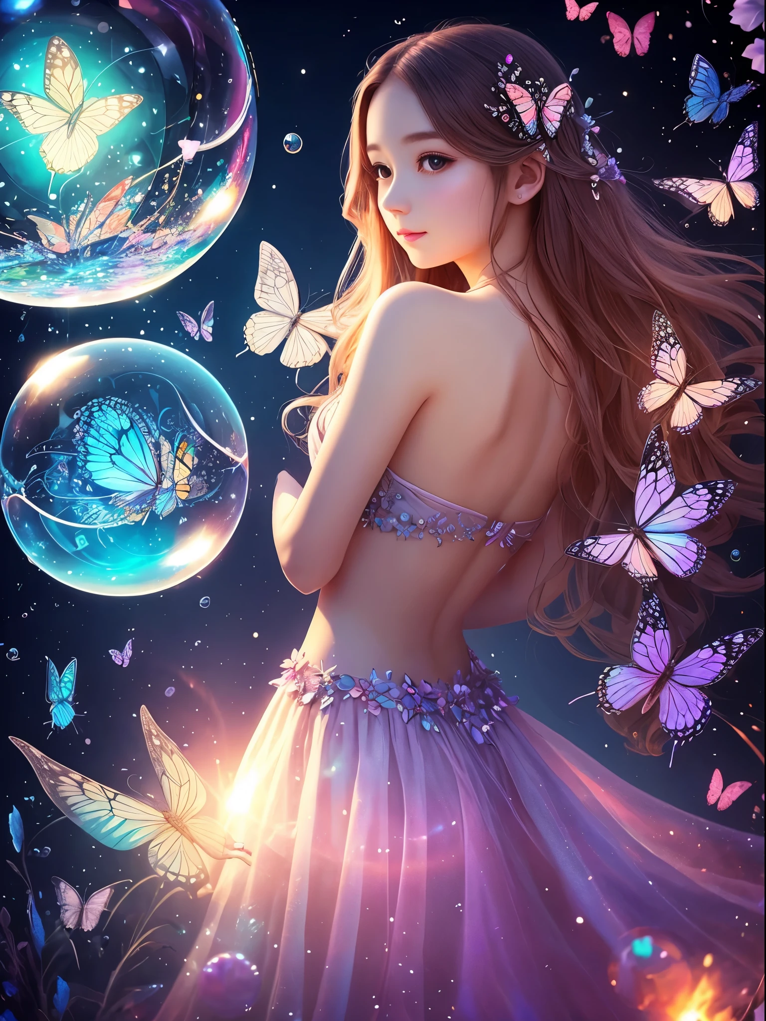 Surrealism、beautiful girl、butterfly、crystal、Abstract art、empty、bubble、hologram、minimum、vintage、Soft Lighting、Precision Dreams、Fantasy World