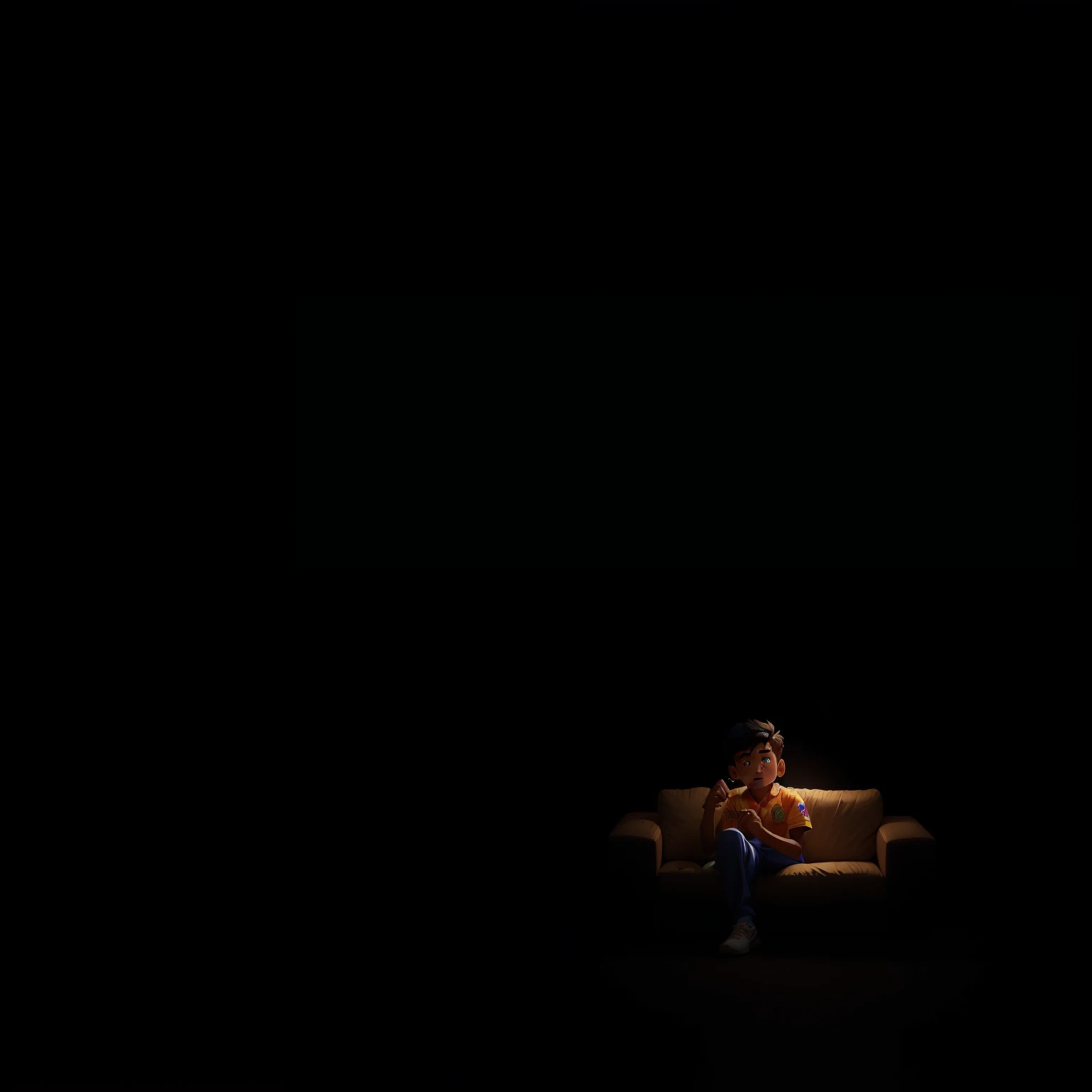 Create ultra-high definition, highly realistic pictures of a 21-year-old boy named Sujit, wearing a Chennai IPL jersey with the name "Sujit" and the number "7" printed on it. The boy is depicted sitting on a dark, comfortable piece of furniture, such as a couch or a bed, with a focused, engaged expression on his face as he watches an intense IPL cricket match on a large-screen television. The images are captured with remarkable detail, in stunning 8K resolution, with spotlights illuminating the room and the boy, casting dramatic shadows that enhance the moody atmosphere. The overall style of the pictures is a blend of realism and artistic fl