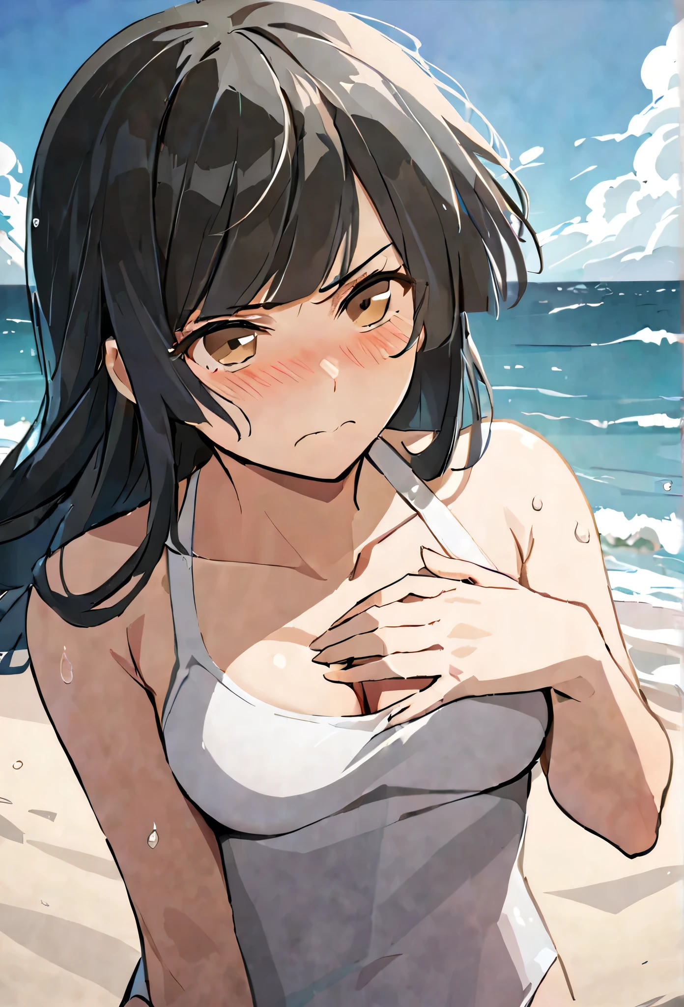 masterpiece,best quality, solo, eda, bangs, black hair, blue sky,cloud, shy expression, blushing expression, embarrassed expression, medium breast, hot, thicc, ocean, water, she is grabing her chest, she was concerned ,she is hiding her chest from others, she is embarassed , she has a medium chest, she is wearing a white swimsuit, serius look, she is wearing swimsuit, she is looking at you, she has serius look on the viewer, closed mouth, she is mild angry at you, sando, cleavage, upper body , she is looking down on you