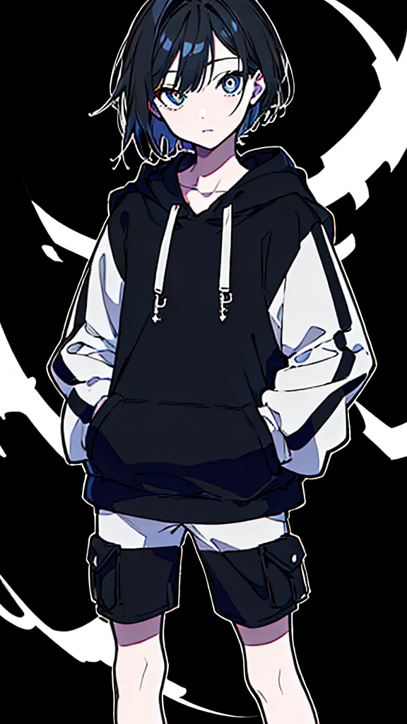 (masterpiece, highest quality:1.6), alone, thick outline, (simple background, light black background, monochrome, light black theme:1.2), official art, Key Visual, 8K, disorganized, whole body, (unique hair, oversized hoodie, hot pants, wearing a hood, arch back, short torso:1.2), belly button, thighs, cowboy shot, HDR, sharp focus, High resolution, most detailed, very detailed, Super detailed, finely, detailed eyes and face, sharp pupils, realistic student, solo, hands in pockets