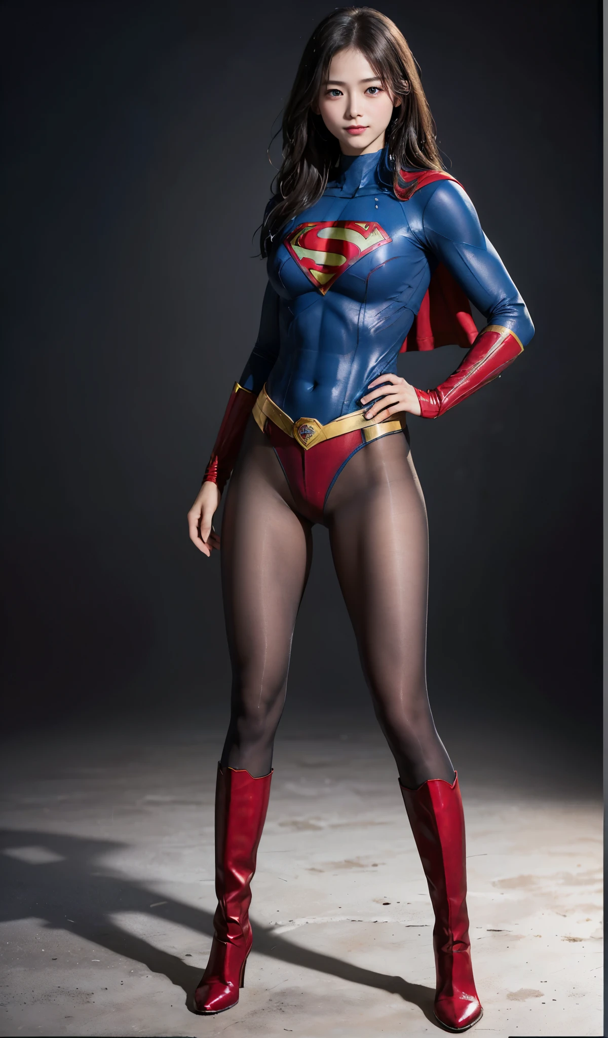 No background、(((Beautiful legs in black tights.)))、(((Legally express the beauty of your smile)))、((((Make the most of your original images)))、(((Supergirl Costume)))、(((Beautiful Hair)))、(((suffering)))、(((Please wear black tights....、Wear red boots)))、((Best image quality、8k))、((highest quality、8k、masterpiece:1.3))、(((Preserve background )))、Sharp focus:1.2、Beautiful woman with perfect figure:1.4、Slim Abs:1.2、Wet body:1.5、Highly detailed face and skin texture、8k