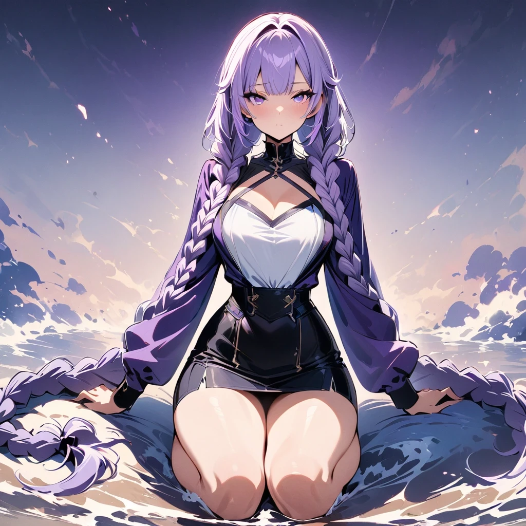 (masterpiece, best quality:1.2), Watching_exist_Viewer，beautiful girl，beautiful eyes，Exquisite facial feexistures，Pretty Face，Two very long braids，Purple and White Ombre Braids，Bangs，whole body，Sexy，Short skirt