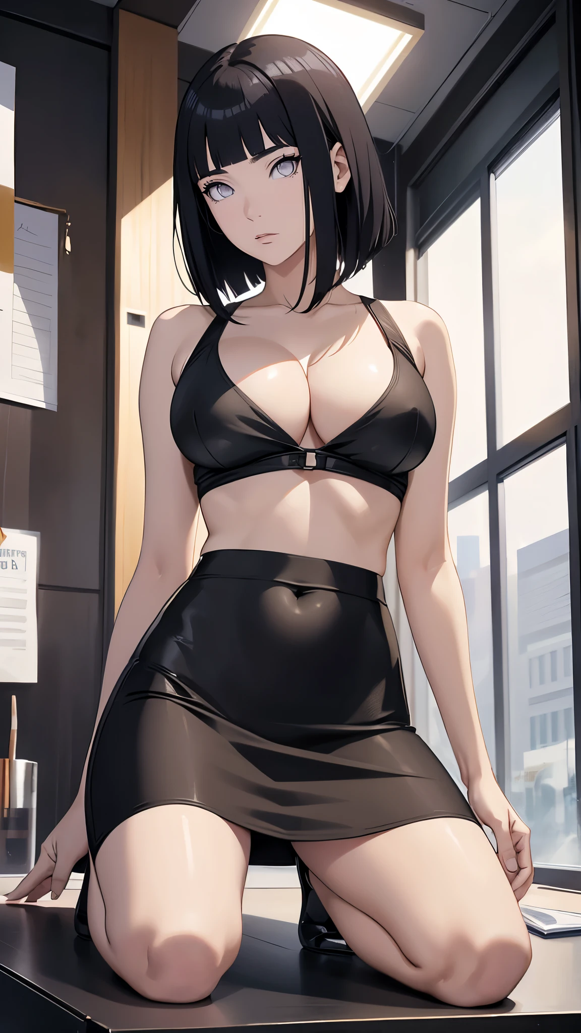 cleavage,(masterpiece), anime, Best quality, good anatomy, one girl, Hinata Hyuga, (full height), white eyes, Big breasts, realistic face, gloomy face, Looking down, dark hair, short haircut, navel ,bare shoulders, tight black top, decollete, black pencil skirt, tall legs, beautiful legs, office, Reflectors, 8K masterpiece, super detail, film movie, best quality, best ditails, detailed face, detailed eyes, camera from bellow