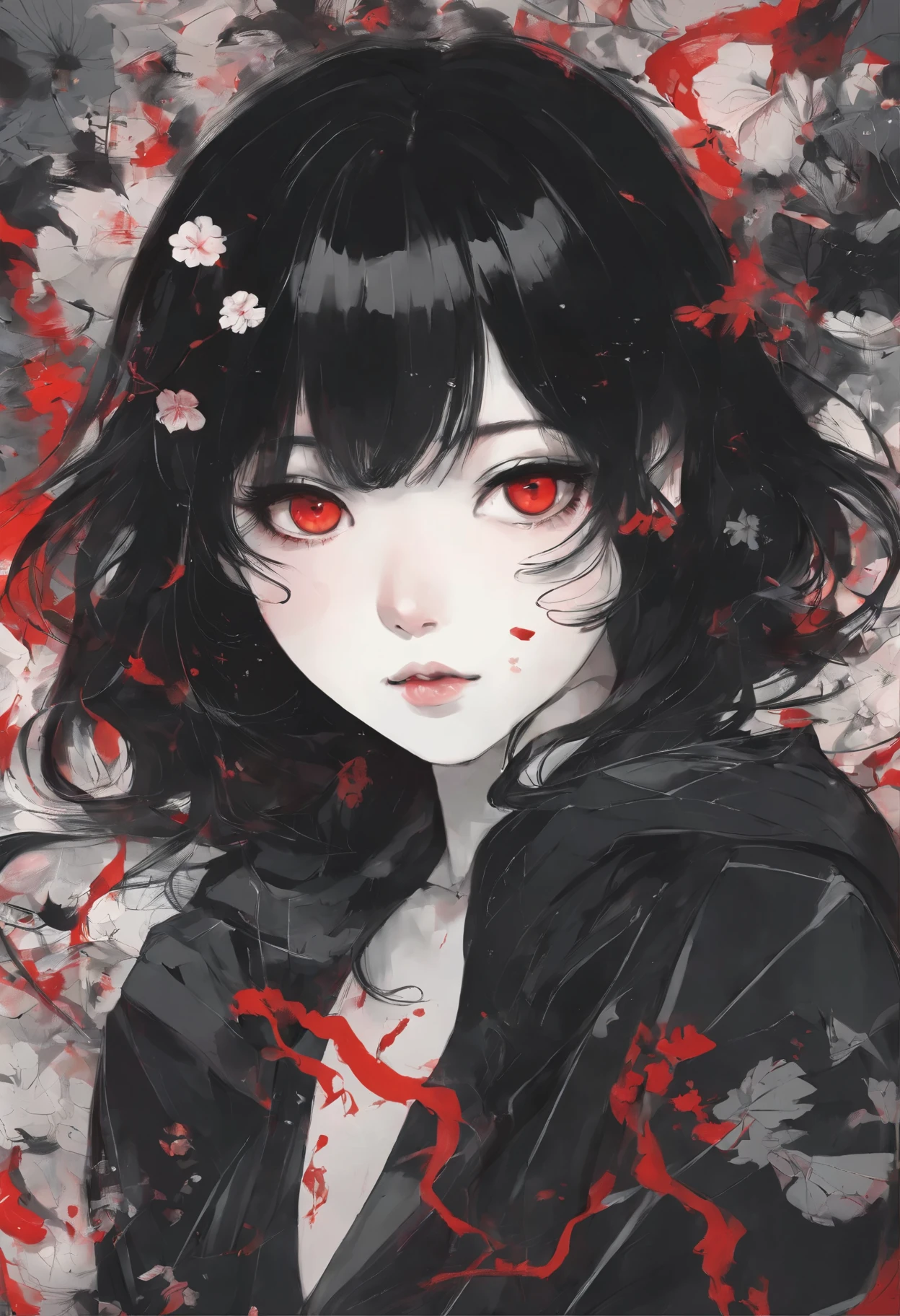 anime girl with black hair and red eyes in a crowded room, an anime drawing inspired by Junji Ito, trending on cg society, serial art, artwork in the style of guweiz, eerie art style, 1 7 - year - old anime goth girl, guweiz masterpiece, gothic horror vibes, guweiz, style of junji ito, goth girl aesthetic
