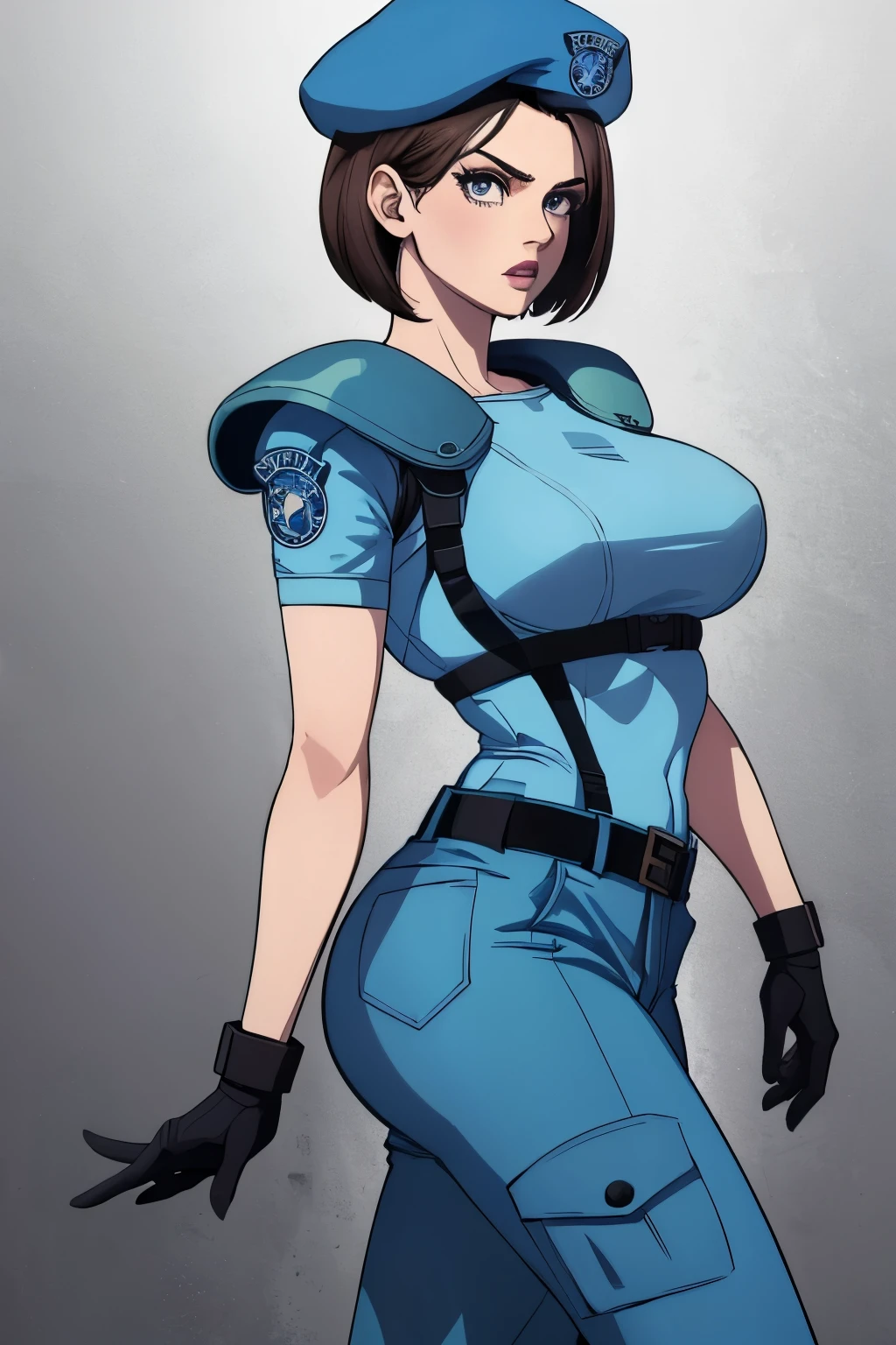 Jill Valentine, masterpiece, best quality, 1girl, solo, standing, jillre1, beret, uniform, shoulder pads, short sleeves, harness, belt, pants, unmoving pattern, peitos grandes, bunda grande, ela esta mostrando a lateral, pernas abertas, bunda grande, decote, peitos grandes 