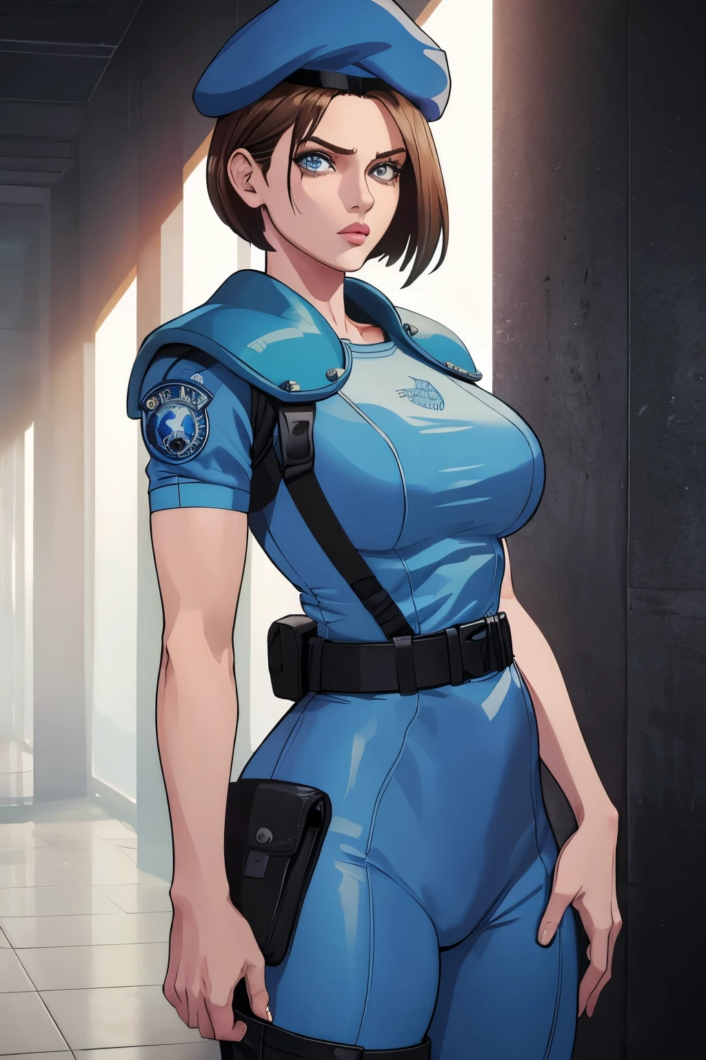 Jill Valentine, masterpiece, best quality, 1girl, solo, standing, jillre1, beret, uniform, shoulder pads, short sleeves, harness, belt, pants, unmoving pattern, peitos grandes, bunda grande, ela esta mostrando a lateral, pernas abertas, bunda grande, decote, peitos grandes