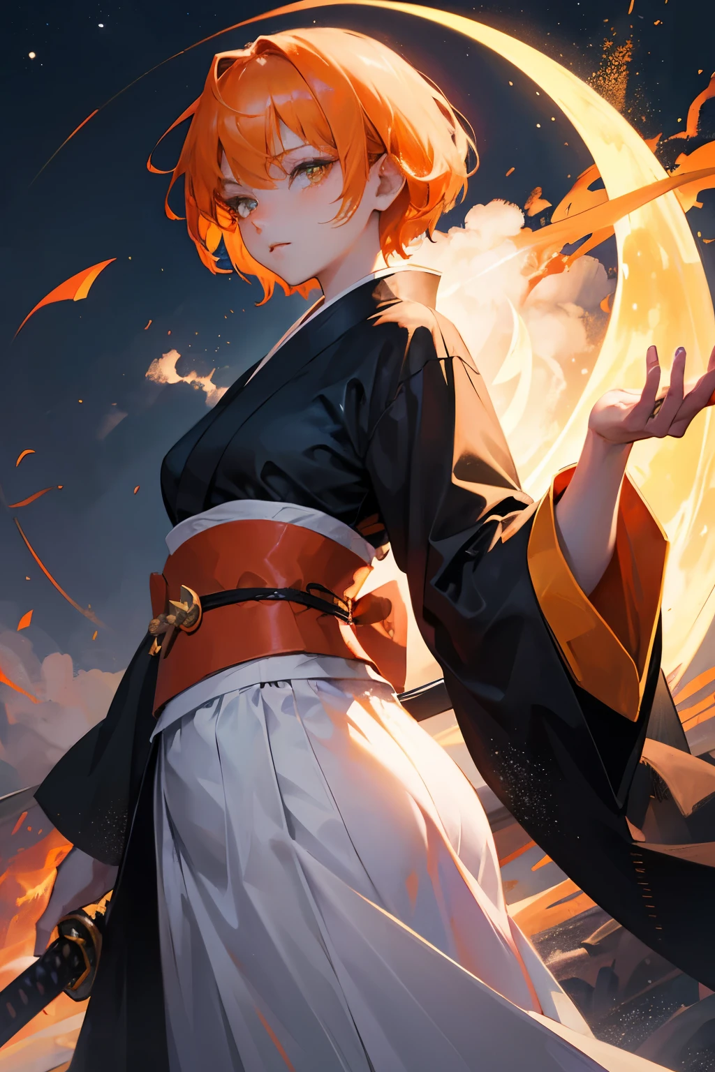 masterpiece, highest quality, so beautiful、Latest、Cool girl, Orange Hair, short hair, Yellow Eyes、Shining Eyes、An adult woman wearing a black kimono and holding a sword、Fighting Pose、Moonlit Night、Demon slayer、Face close-up