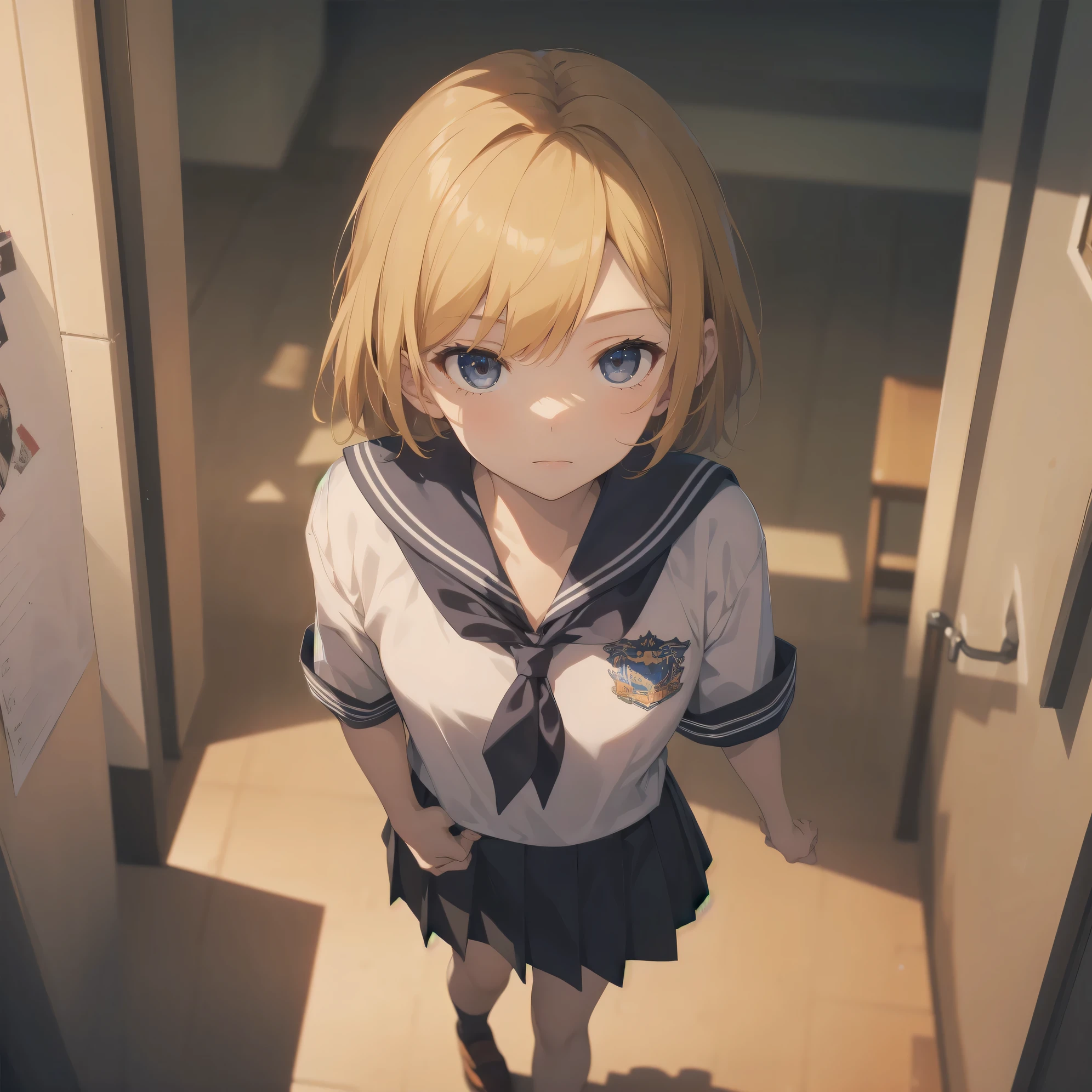 Best quality at best，detailed back ground，girl，blond girl, JK school uniform，Mid-range bust scene