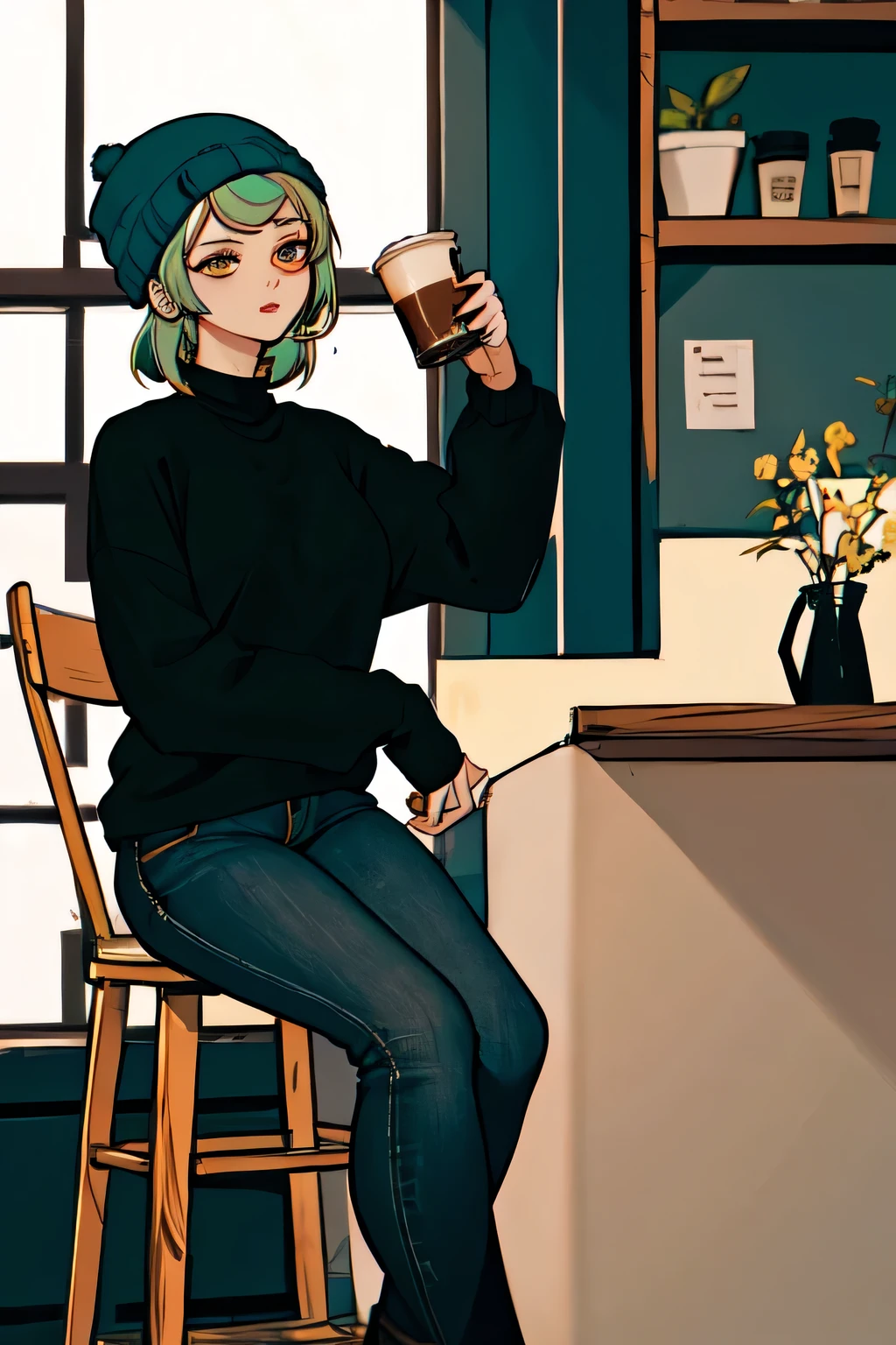 One girl, alone, coffee shop, Green Hair, Beanie, sweater, jeans, Sitting in a chair, Dynamic pose, indoor,
