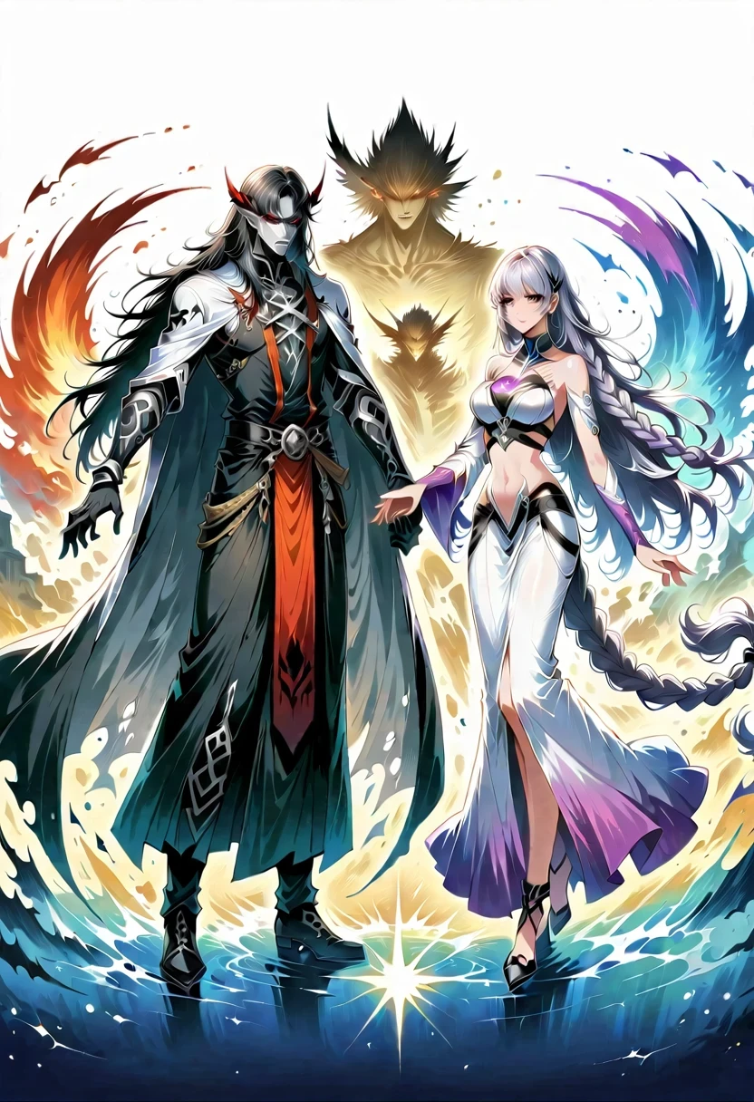Character concept design,,Death Demon,Dragon Island, Double braid girl,Perfect hands:1.37),The artwork should transition from a pencil drawing style in 黑色的 and white on the left half to vibrant colors on the right half, Ensure seamless integration of the two halves,No dividing line, The scenes on both sides are exactly the same, with the left side featuring detailed 黑色的 and white pencil strokes and the right side filled with colors, Create a fusion