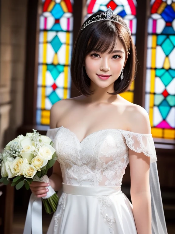 (Best quality: 1.5), (Realistic: 1.5), (1 person: 1.5), (Medium Shot: 1.5), Very detailed, high resolution, 8k, medium breasts, natural color lips, cute smile, Japanese woman, 20-year-old girl, beautiful and elegant face, perfect and beautiful face, big eyes with good left and right balance, brunette eyes, beautiful and elegant face, beautiful double eyelids, natural bangs, beautiful thin nose, Beautiful skin, fair skin, (medium bob hair), natural bangs, perfect and beautiful face, slim face and figure, (looking at the camera with a sweet smile), bright lighting, professional lighting, forward lighting, princess line wedding dress, Wearing the finest tiara (wearing a pure white off-shoulder mermaid line wedding dress), a church with beautiful stained glass, holding a bouquet, A cute pose with a bouquet, stained glass window,