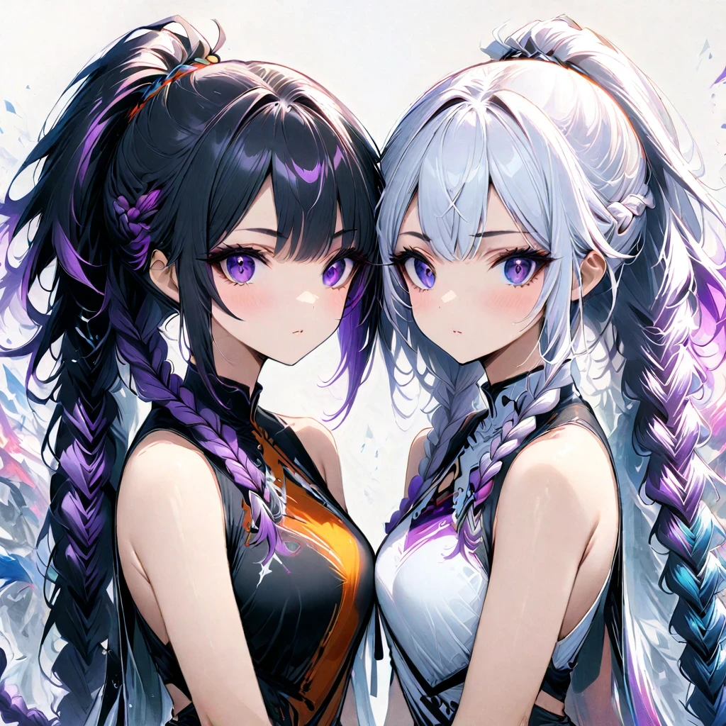 (masterpiece, best quality:1.2), Double braid girl,Purple and white gradient double braid long ponytail.cool.personality.brave,(White background:1.2),whole body,The artwork should transition from a pencil drawing style in 黑色的 and white on the left half to vibrant colors on the right half, Ensure seamless integration of the two halves,No dividing line, The scenes on both sides are exactly the same, with the left side featuring detailed 黑色的 and white pencil strokes and the right side filled with colors, Create a fusion