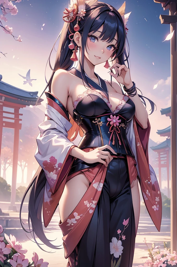 Highest quality, Super quality, 16K, Incredibly absurd, Very detailed, delicate and dynamic, SFW, Natural light, Fine particles reflect rainbow colors, Diffuse reflection of light, Vortex of Light, たくさんのcherry blossoms色の花びらが舞い降りる, Kyoto, Gion, night, Crescent Moon, Peacock, Create amazing image effects, Upper body close-up, (Peacock, cute sexy girl, big busts, Sensual expression, peacefulness, Elegant, Charm, lure, geisha, hair ornaments, cherry blossoms, Flower storm, black long hair, Japanese traditional kimono, Tifa Lockhart Final Fantasy VII)