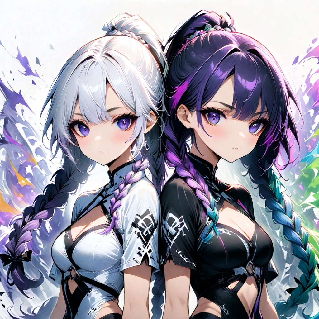 (masterpiece, best quality:1.2), Double braid girl,Purple and white gradient double braid long ponytail.cool.personality.brave,(White background:1.2),whole body,The artwork should transition from a pencil drawing style in 黑色的 and white on the left half to vibrant colors on the right half, Ensure seamless integration of the two halves,No dividing line, The scenes on both sides are exactly the same, with the left side featuring detailed 黑色的 and white pencil strokes and the right side filled with colors, Create a fusion