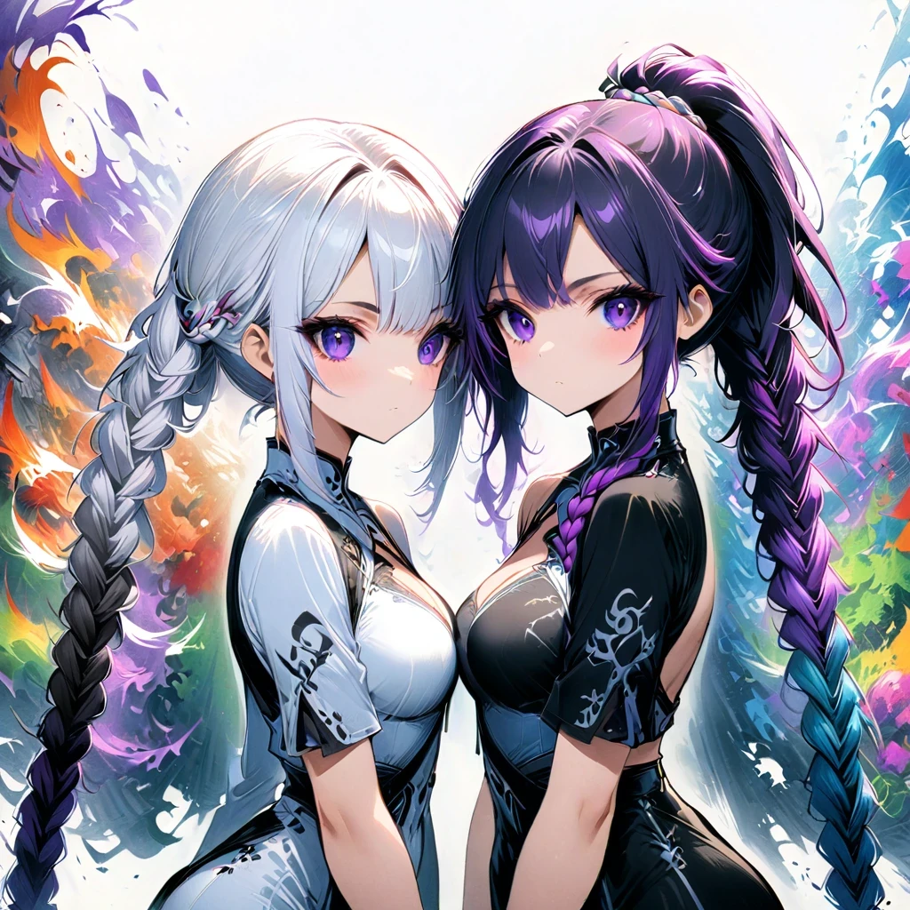 Anime panel, woman intense turquoise eyes, full body, gray wavy hair with purple highlights, smiling, ear piercing, casual outfit