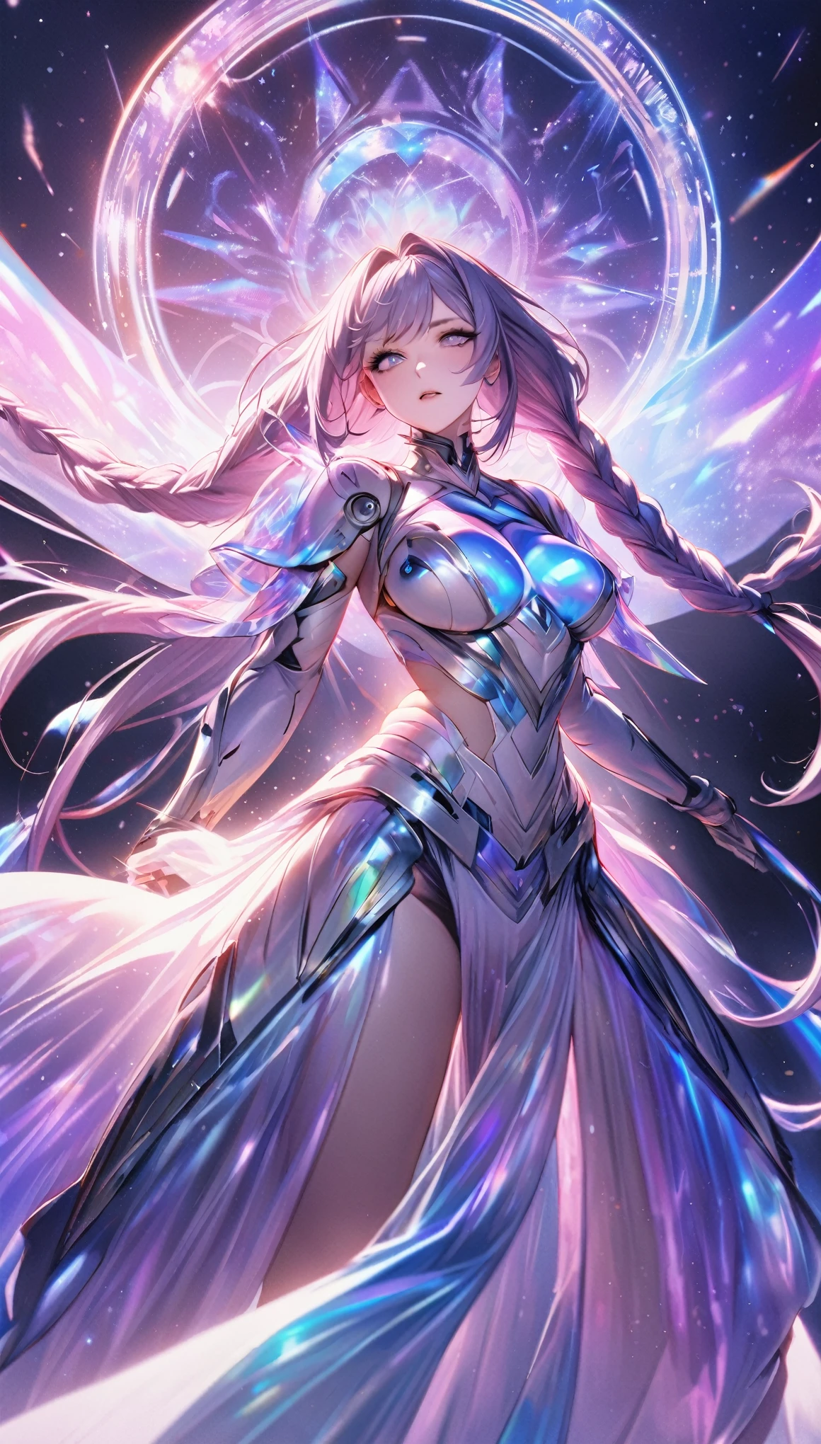 best quality, super fine, 16k, incredibly absurdres, extremely detailed, delicate and dynamic, a cool and beautiful pretty female cyber warrior who fights with a gigantic beautiful transparent and translucent shining goddess, her hair gradating from white to purple as it goes to the tips, with long braided low twintails, iridescent magic circle, background space galaxy far away