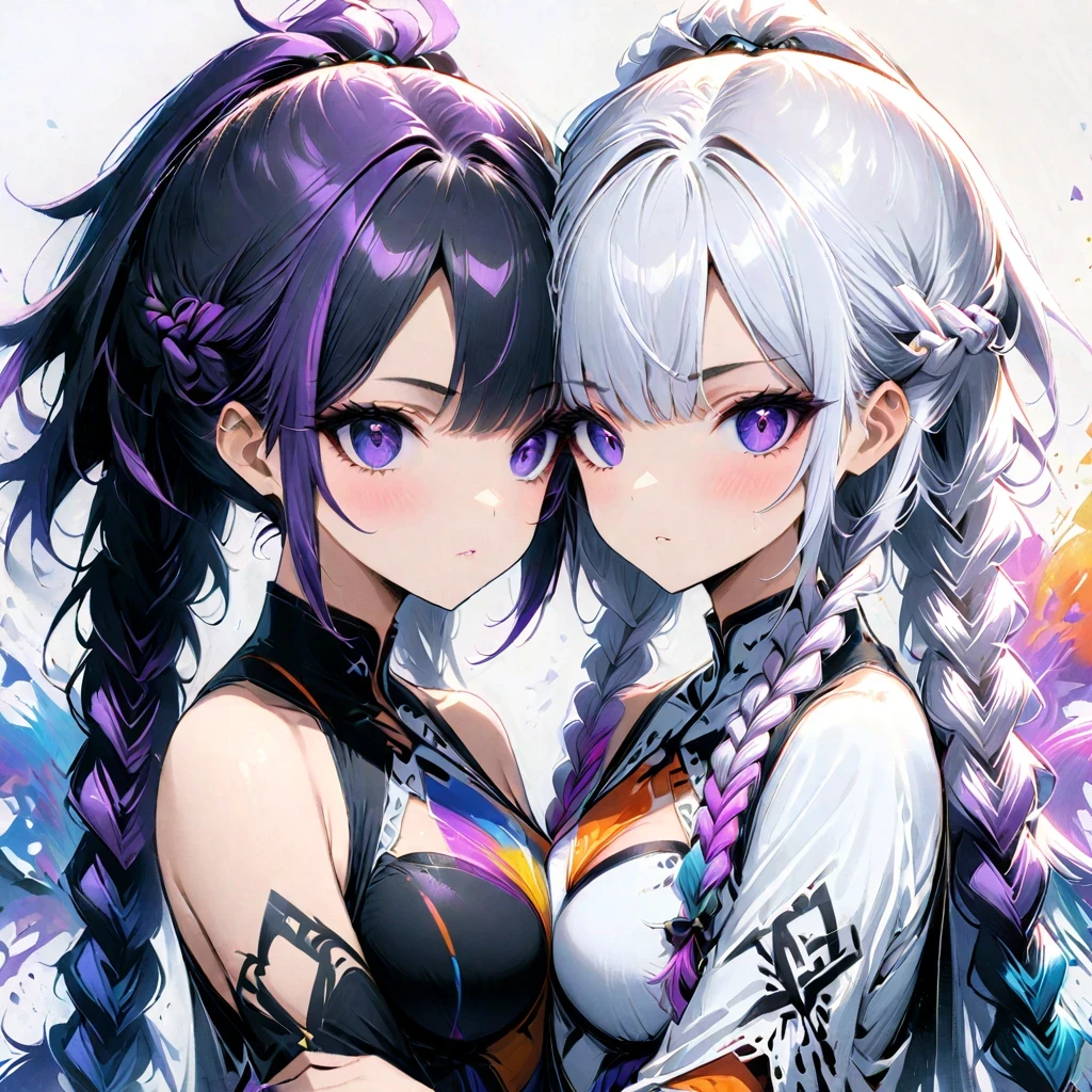 (masterpiece, best quality:1.2), Double braid girl，Purple and white gradient double braid long ponytail.cool.personality.brave,(White background:1.2)，whole body，The artwork should transition from a pencil drawing style in 黑色的 and white on the left half to vibrant colors on the right half, Ensure seamless integration of the two halves，No dividing line, The scenes on both sides are exactly the same, with the left side featuring detailed 黑色的 and white pencil strokes and the right side filled with colors, Create a fusion