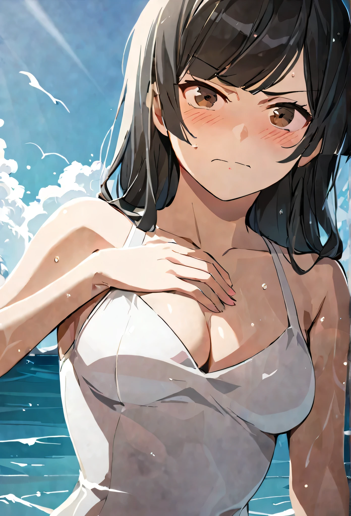 masterpiece,best quality, solo, eda, bangs, black hair, blue sky,cloud, shy expression, blushing expression, embarrassed expression, medium breast, hot, thicc, ocean, water, she is grabing her chest, she was concerned ,she is hiding her chest from others, she is embarassed , she has a medium chest, she is wearing a white swimsuit, serius look, she is wearing swimsuit, she is looking at you, she has serius look on the viewer, closed mouth, she is mild angry at you, sando, cleavage, upper body , she is looking down on you