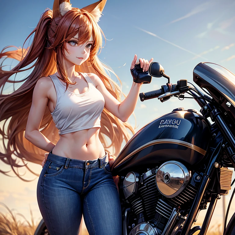 A woman with fox ears and a tail, wearing a tank top and low-rise jeans, riding a motorcycle