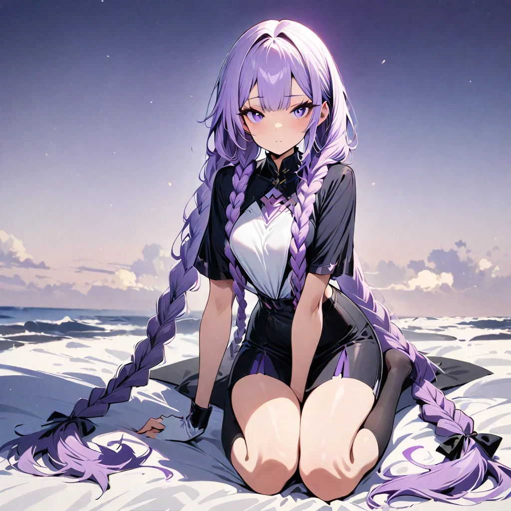 (masterpiece, best quality:1.2), Watching_exist_Viewer,beautiful girl,beautiful eyes,Exquisite facial feexistures,Pretty Face,Two very long braids,Purple and White Ombre Braids,Bangs,whole body,Sexy,Short skirt