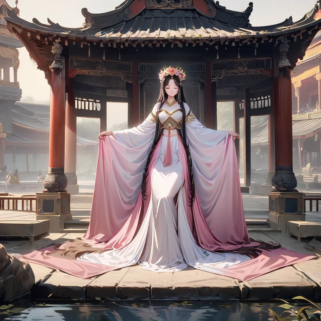Wearing a pink dress、Alafi woman wearing a flower crown, Color photos inspired by Lanying, cg Social Hotspot, realism, Hanfu, palace ， a girl in Hanfu, ancient Chinese Princess, beautiful fantasy queen, Ancient Chinese Art Style, Asian Dynasty Princess, Chinese Queen, white Hanfu, Chinese Princess,look down,