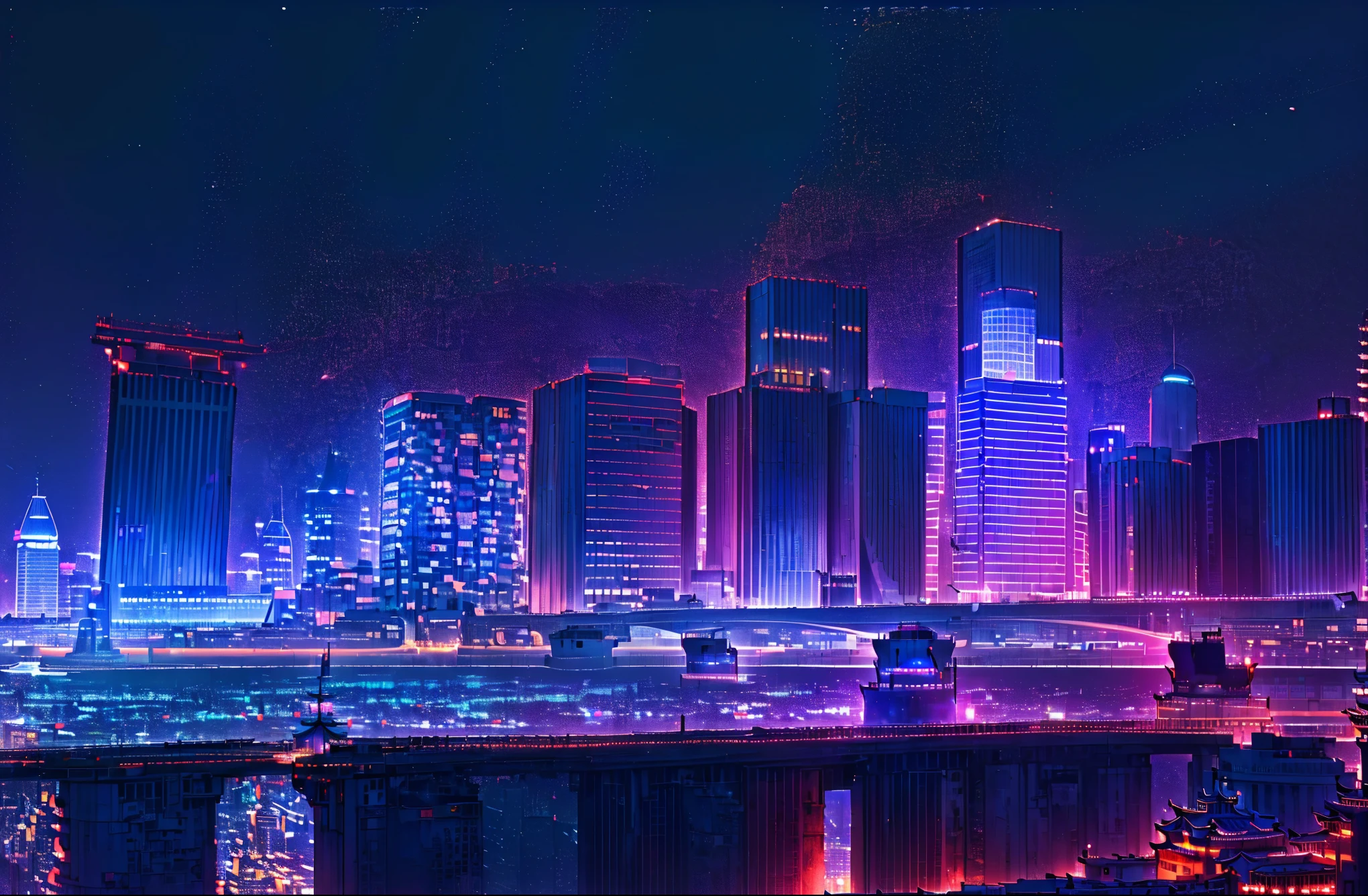 arafed view of a City at night with a bridge and a boat, Brightly lit building, Shenzhen, Skyline showing, beautiful City of the future, beautiful City, shanghai City, City at night, Nightlife Building, City, Night view, Hangzhou, beautiful Cityscape, City in backround, City night, Night Shooting, Skyline, City Skyline
