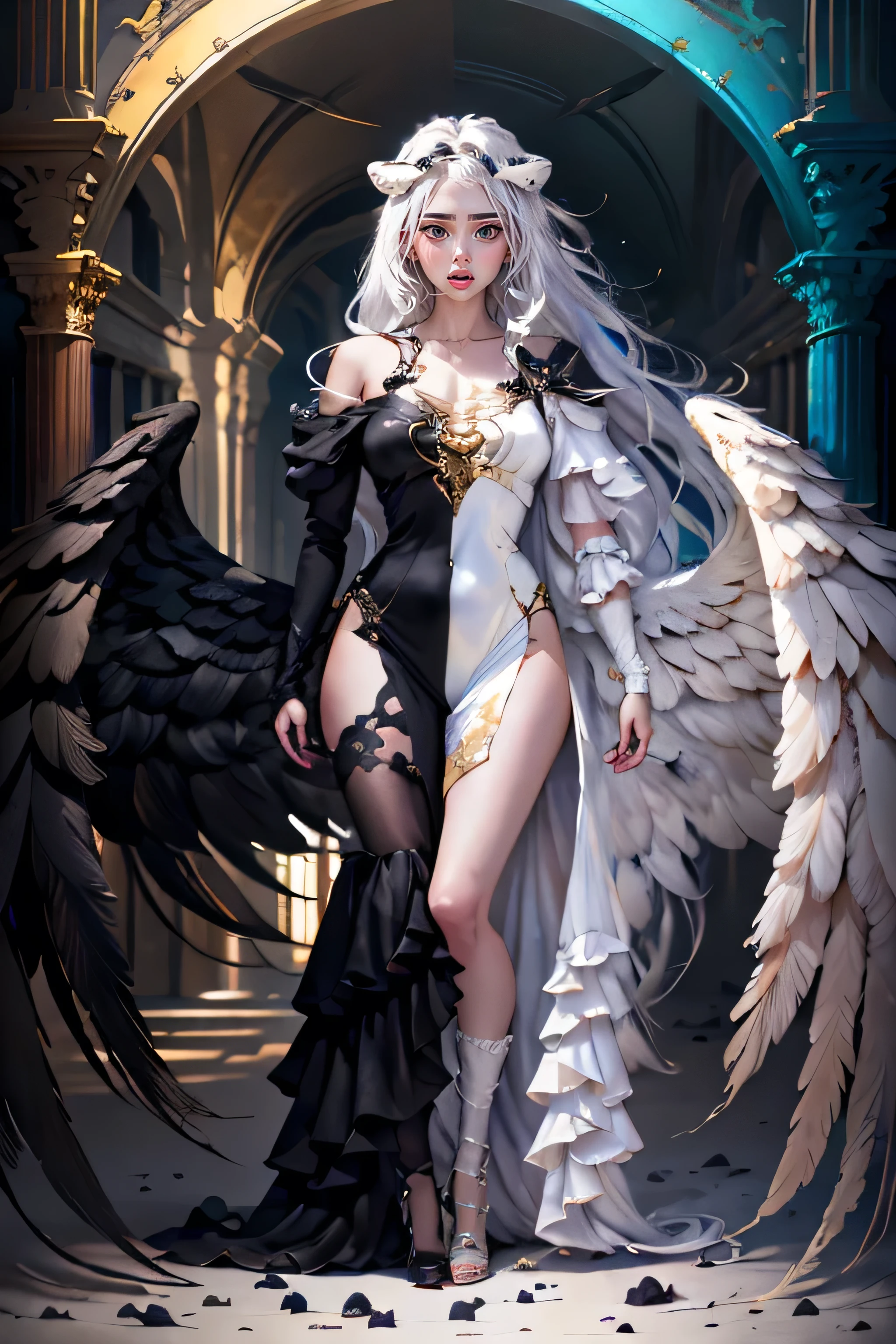 (masterpiece:1.3),(best quality:1.2),8k,absurdres,unity 8k wallpapper,(extremely detailed:1.3),highestres,
1girl, ,heterochromia, white hair, black hair, split theme, angel,devil,wings,(((Full Body))) Perfect face, perfect eyses, smile
