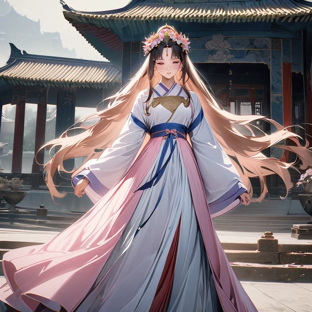 Wearing a pink dress、Alafi woman wearing a flower crown, Color photos inspired by Lanying, cg Social Hotspot, realism, Hanfu, palace ， a girl in Hanfu, ancient Chinese Princess, beautiful fantasy queen, Ancient Chinese Art Style, Asian Dynasty Princess, Chinese Queen, white Hanfu, Chinese Princess,look down,