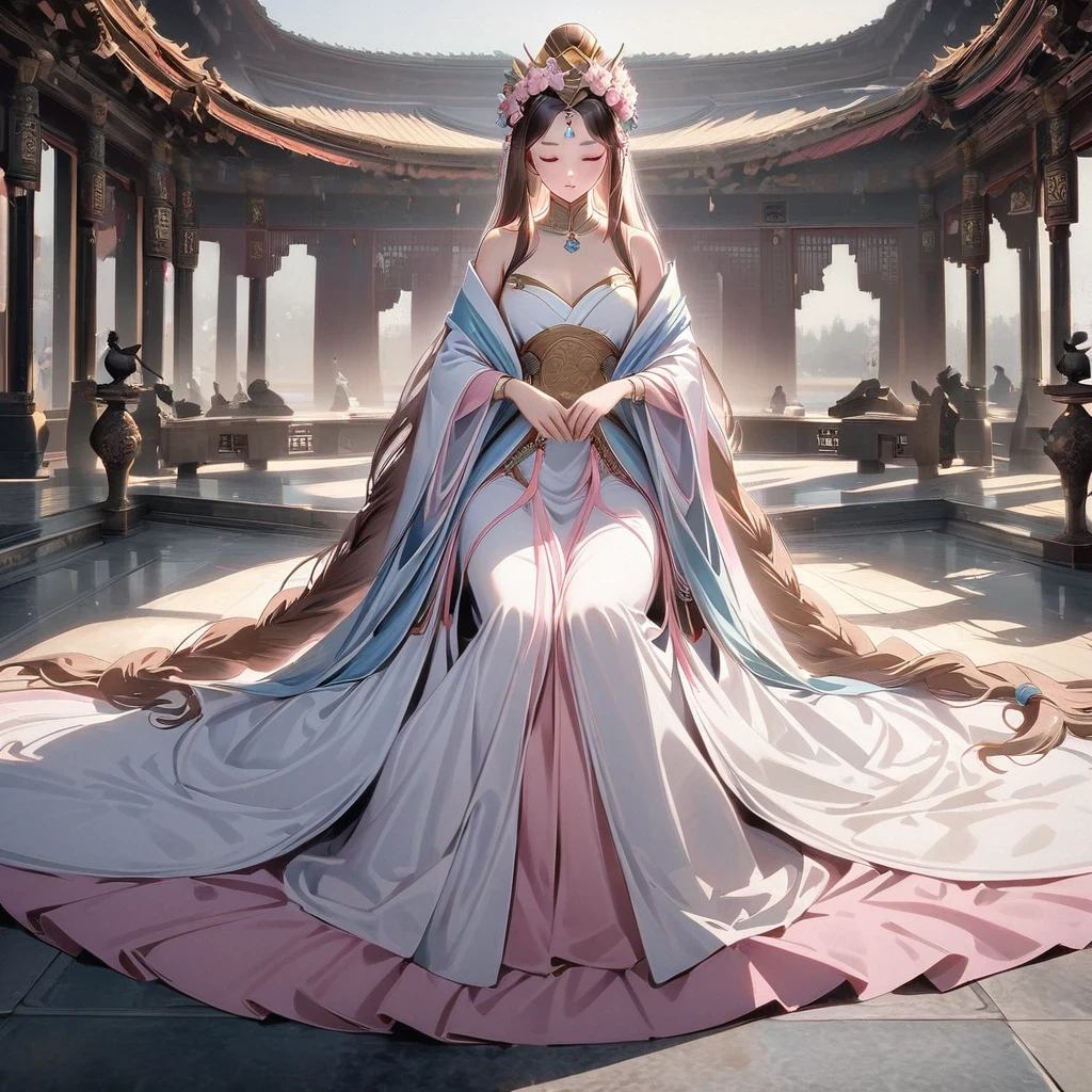 Wearing a pink dress、Alafi woman wearing a flower crown, Color photos inspired by Lanying, cg Social Hotspot, realism, Hanfu, palace , a girl in Hanfu, ancient Chinese Princess, beautiful fantasy queen, Ancient Chinese Art Style, Asian Dynasty Princess, Chinese Queen, white Hanfu, Chinese Princess,look down,