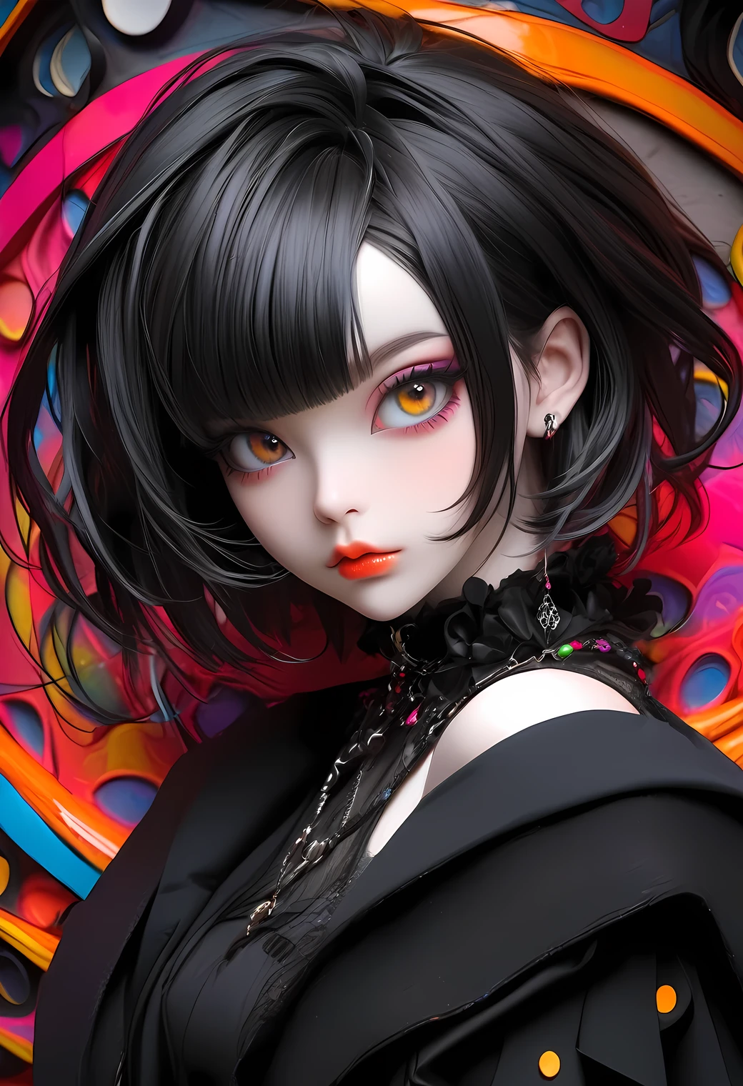 raw photo:1.2, masterpiece, highest quality, 16k, unbelievably absurd, very detailed, perfect beauty, (gothic atelier), beautiful cute girl, in a beautiful pose, jet black hair, modern sauvage bob hair, through bangs, droopy eyes, vibrant colors, raw photo, portrait,