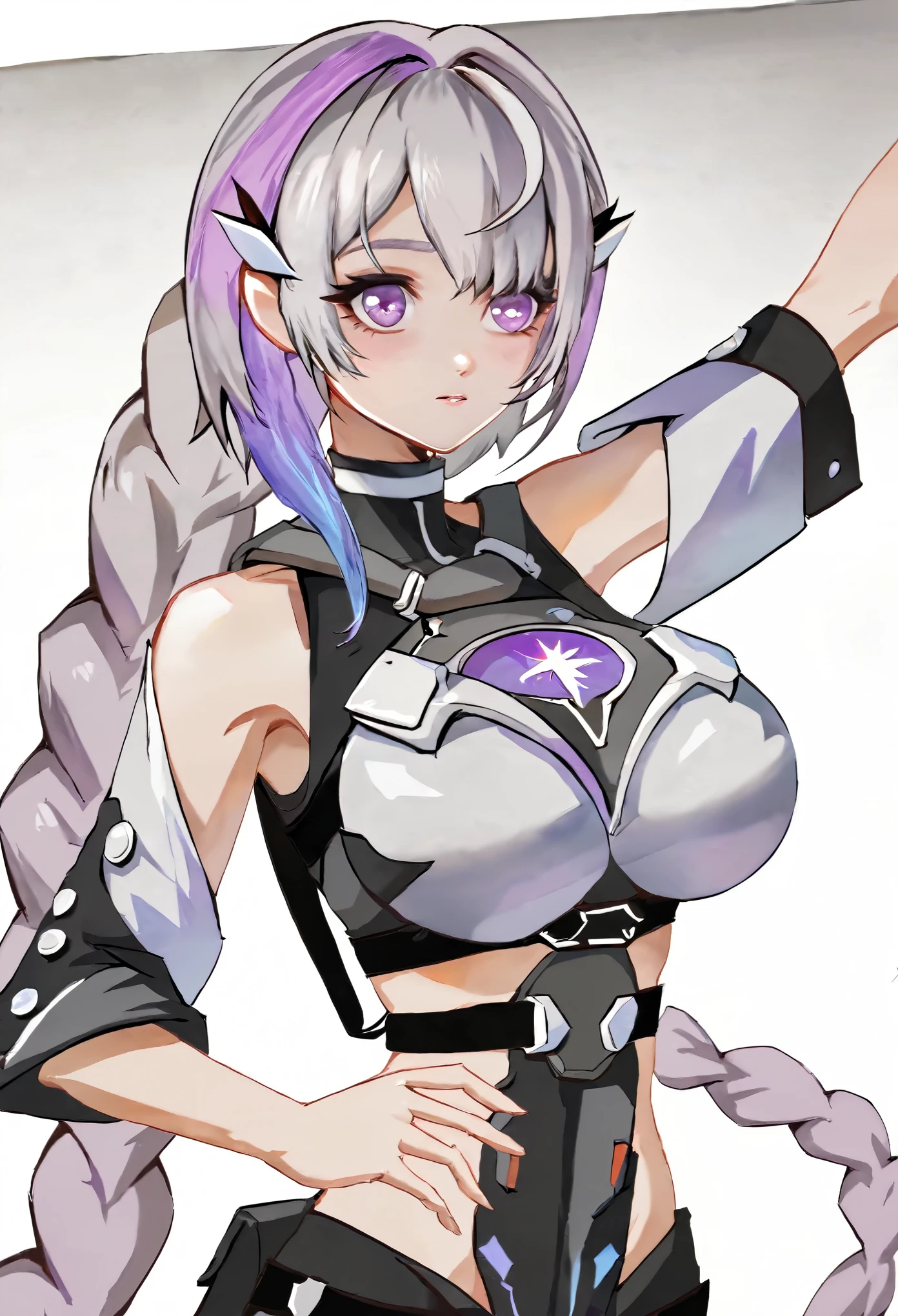 yinji,1 Girl,Solitary,purple_hair,purple_Eye,Very_long_hair,grey_hair,Braided_Ponytail,Large target_breast,slope_hair,