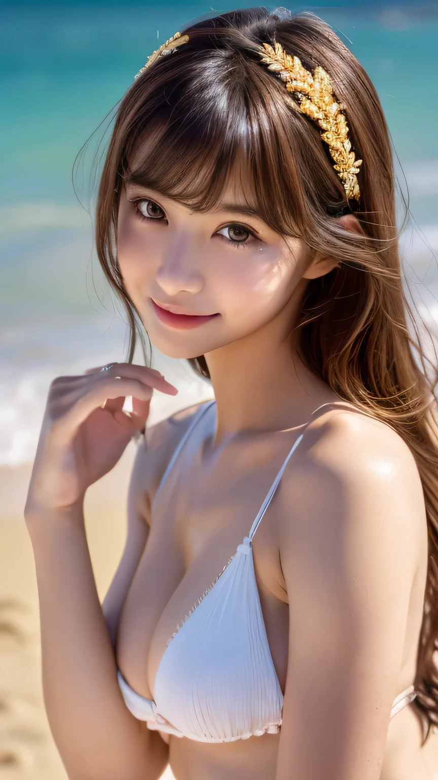 (8k, RAW Photos, highest quality, masterpiece: 1.2), Very detailed, Super Resolution, (Genuine, Genuine photos: 1.37), Portraiture, High-resolution RAW color photos, Professional photos, Very detailed and beautiful, Very detailed, 8k wallpaper, Amazing details, Large file size, Official Art, Very detailed CG Unity 8k wallpaper, Very detailed beautiful girls, Very detailed facesHighly detailed eyes, Very detailed skin, Very detailed fingers, Very detailed鼻, Very sophisticated mouth, Perfect Anatomy, Very detailed background, Very elaborate clothing, One Girl, (18:1.2), , cute girl, Famous idols of Japan, cute, Genuineistic body, , White skin, Glowing Skin, the body is slim, Handsome body, Brown Hair, length, Curly Hair, (Blunt bangs:1.2), smile, cute, like々Shii, Cute face, Realistic Face, Delicate eyes, Saggy eyes, Red Bikini, Looking into the camera, Cowboy Shot, Front Face, Standing posture, Beachside, Dynamic Lighting,length legs,White Sandals,