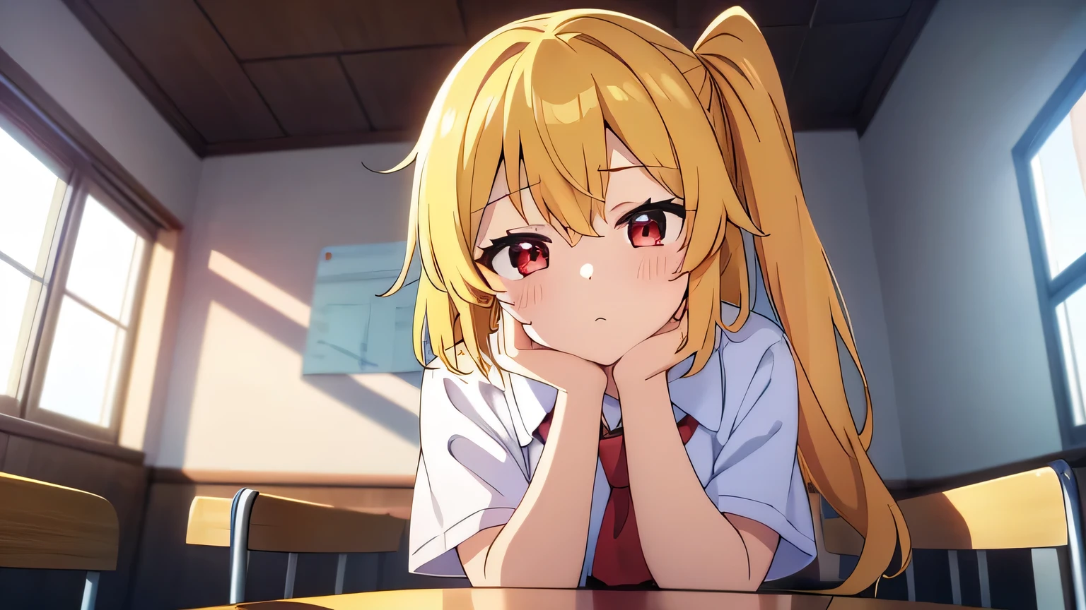 Anime Style、highest quality, One Girl, alone, (Flandre Scarlett staring at camera)、Face close-up、Beautiful Face、((Short sleeve))、、Childish、dress style shirt、To comfort someoneForcing yourself to smile、To comfort someone、A pose with both hands outstretched in front of you, waiting for the other person、Pose with arms outstretched in front、Classroom after school、The sunlight is coming through the window