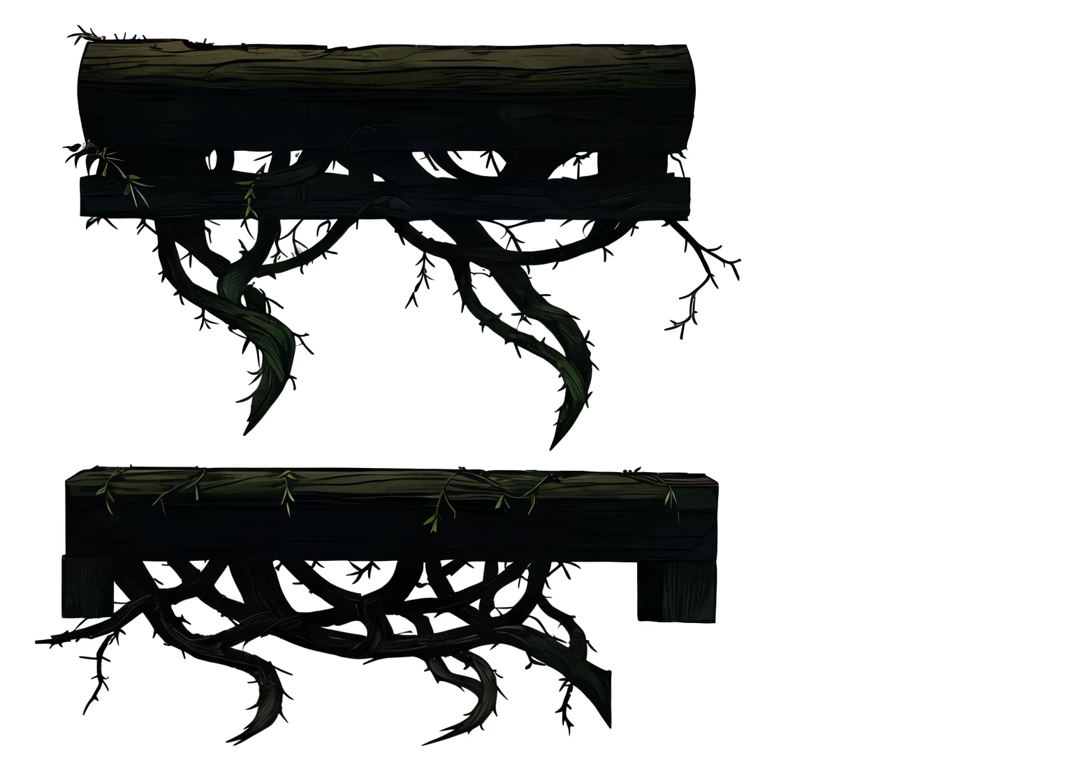 there are two wooden shelves with vines growing from them, Ponte da Vinha danificada, fundo de espinho. d&d, high resolution and detail, mesh roots, sem textura, stylized vegetation, espinhos e vinhas. detalhado, trepadeiras murchas retorcidas, ativo do jogo, incredible details;, hyperdetalhado twigs and plants, seperated ativo do jogo, texturas estilizadas