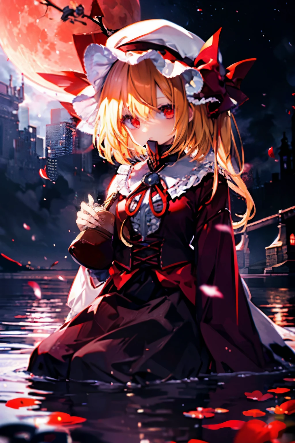 (Best image quality)、1 Girl、Red Moon、lake、Blonde、Red eyes、wing、Mob Cap、Gothic Lolita Clothing