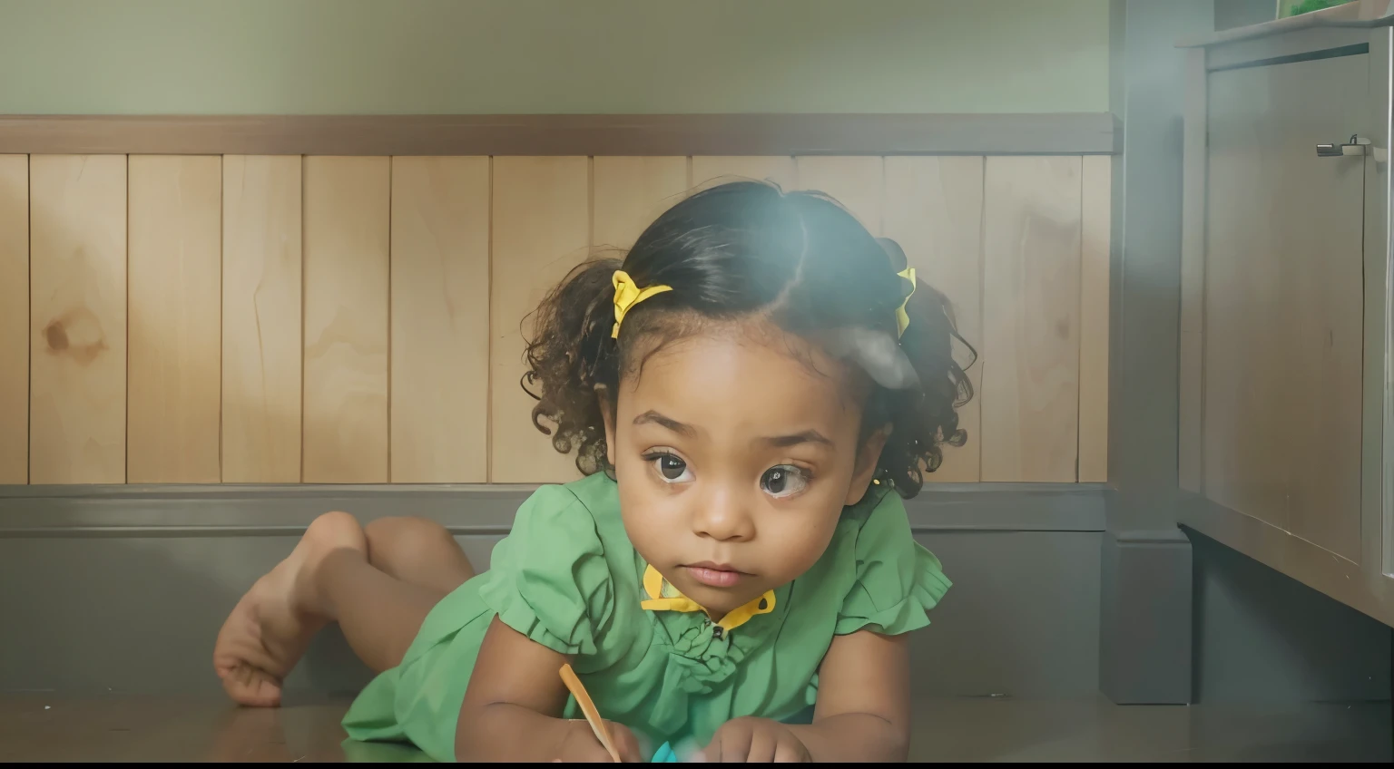 A real living & breathing little black girl appearing to be the age of a toddler, with wide curious gray eyes. With a cute little dark brown, curly Afro along with a red bowtie on the right side of her hair as she laying on her stomach, engrossed in the act of creation. Clad in a green dress with yellow frills, the holds an orange pencil, their focus entirely on the paper before them. The indoor setting, with wooden paneling and walls painted in a muted greenish-gray, provides a tranquil backdrop for this moment of childhood concentration and creativity.