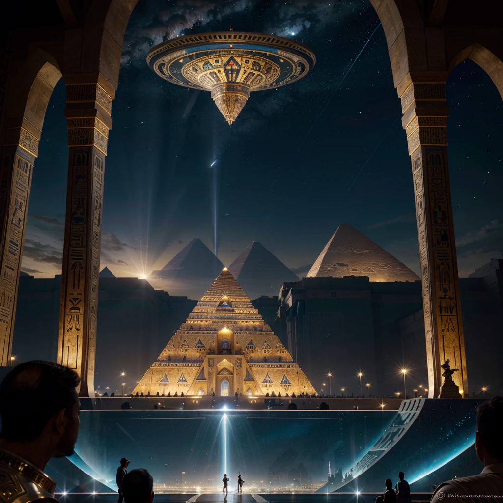best quality,4k,8k,highres,masterpiece:1.2,ultra-detailed,realistic:1.37,prominent sunlight in the sky, vibrant colors, dynamic composition, futuristic cityscape, towering skyscrapers, bustling streets, iconic pyramids, shimmering river Nile, speedboats floating along the river, bustling marketplaces, traditional Arabic architecture, modern spaceships, extraterrestrial spaceship from the future, imposing Alien Mothership:1.1, hovering over the city, intelligent alien beings, erecting a colossal pyramid, glowing with a mysterious light, advanced technology:1.1, holographic projections, ancient wisdom merging with futuristic elements, seamless blending of past and future, awe-inspiring sight, people marveling at the extraterrestrial intervention, a woman in traditional Egyptian attire, gazing up in wonder, exotic plants and flowers, blooming in vibrant colors, intricate hieroglyphics decorating the spaceship, intricate carvings on the pyramid, grandeur and majesty, surreal atmosphere, architectural marvels, a fusion of ancient and modern civilizations.