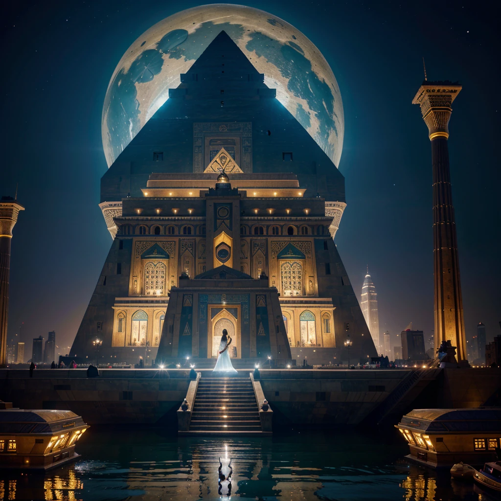 best quality,4k,8k,highres,masterpiece:1.2,ultra-detailed,realistic:1.37,prominent sunlight in the sky, vibrant colors, dynamic composition, futuristic cityscape, towering skyscrapers, bustling streets, iconic pyramids, shimmering river Nile, speedboats floating along the river, bustling marketplaces, traditional Arabic architecture, modern spaceships, extraterrestrial spaceship from the future, imposing Alien Mothership:1.1, hovering over the city, intelligent alien beings, erecting a colossal pyramid, glowing with a mysterious light, advanced technology:1.1, holographic projections, ancient wisdom merging with futuristic elements, seamless blending of past and future, awe-inspiring sight, people marveling at the extraterrestrial intervention, a woman in traditional Egyptian attire, gazing up in wonder, exotic plants and flowers, blooming in vibrant colors, intricate hieroglyphics decorating the spaceship, intricate carvings on the pyramid, grandeur and majesty, surreal atmosphere, architectural marvels, a fusion of ancient and modern civilizations.