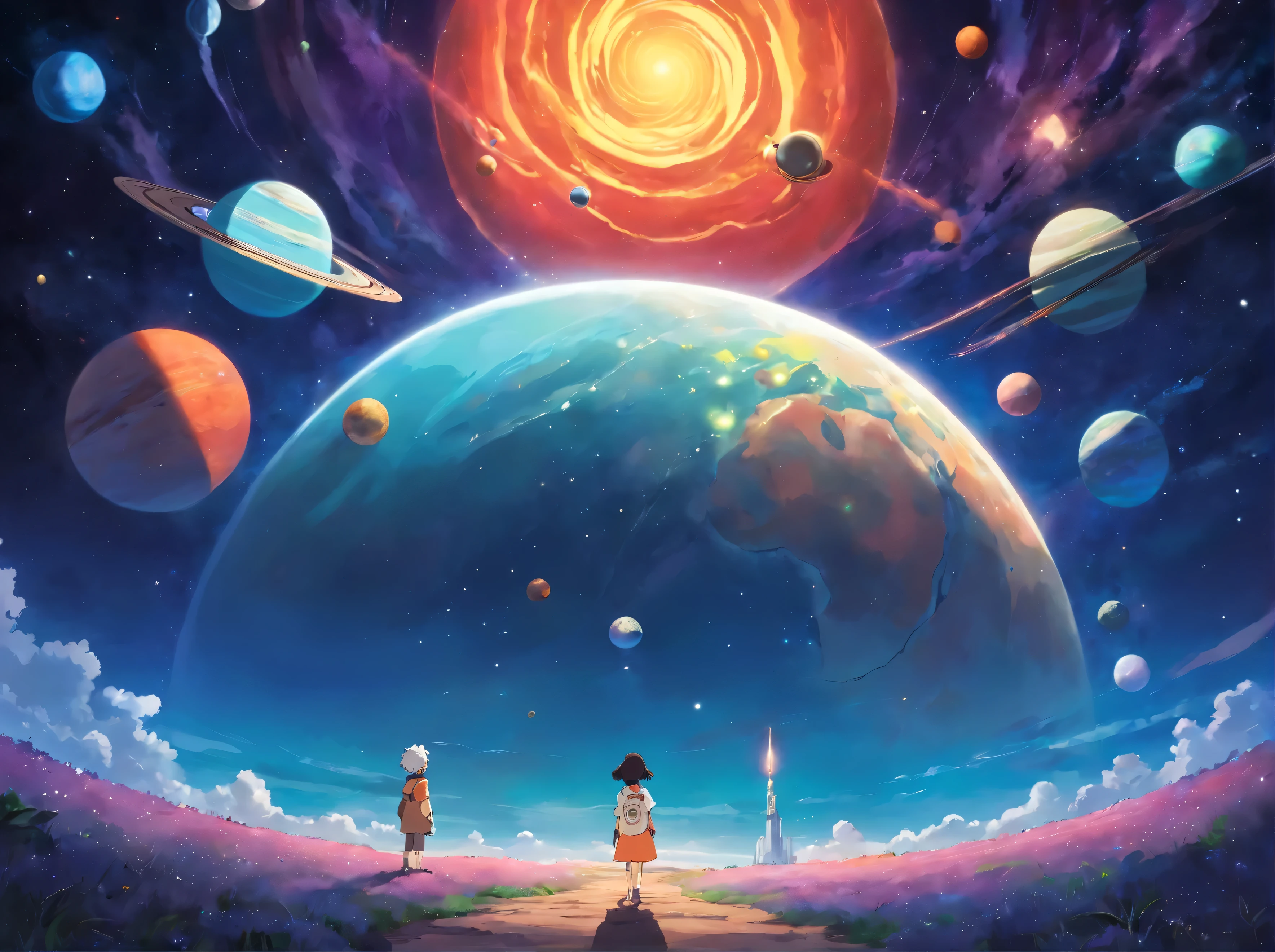 deep space, with stars of different colors, and 2 big planets with rings and moons in the back; the scene is mostly of dark colors