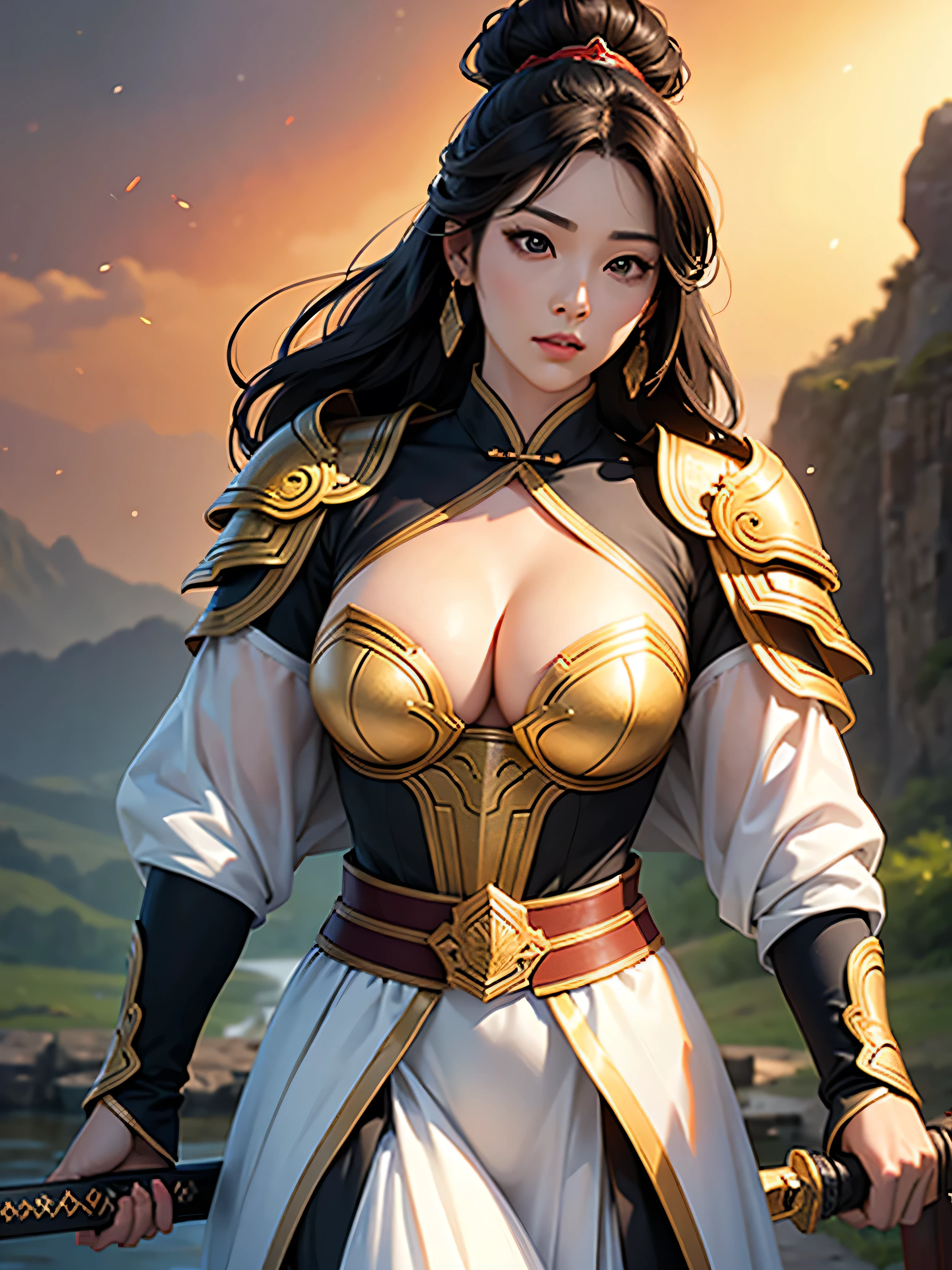 Three Kingdoms general armor with a lot of exposure, Armor of various colors, adult, female, Detailed description, realistic, 매우 아름다운 female, korean, beautiful chinese background, cleavage exposed, ultra high definition, black eyes, natural eyes, realistic 얼굴 라인, Beautiful bridge lines, sexy, full body photo, realistic 신체 비율, correct eye proportions, front view, Realistic and slim face, natural hair color, Holding a sword,