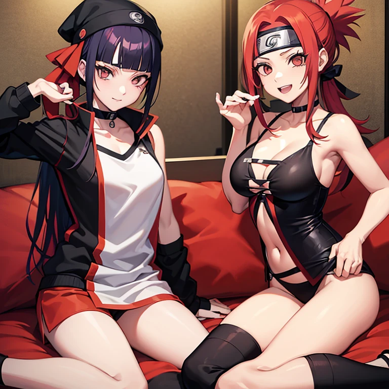 Naruto shippuden ninja style,chica adolescente,cabello rojo largo suelto, ojos rojos claros, piel blanca, atractiva con un toque dulce, utilizando uniforme jounin, happy expression, at daytime, en el apartamento de Naruto shippuden, con maquillaje sutil