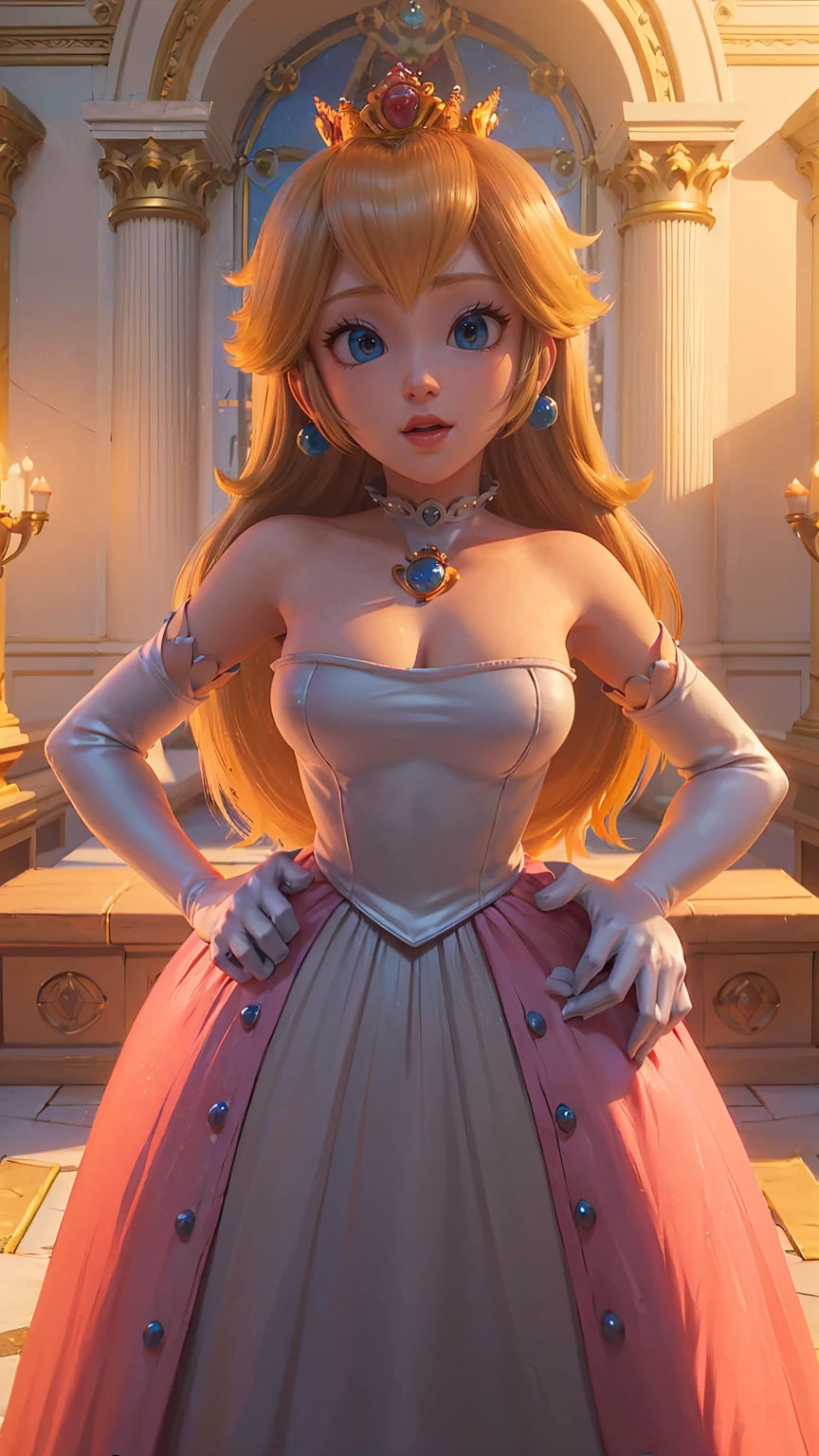 Princess Peach \(Mario Bros\), (Ela tem grandes olhos azuis brilhantes), (pele clara), (pele realista), (Glossy and pink lips), (((longos cabelos loiros lisos))), (Dark shadows compose), ((Seios muito enormes, Rosa )), (coxas grossas), (Corpo fino perfeito), ((completely naked, mamas expostas, exposto)), (coroa), ((Posing sexy in peach princess castle)), (master part, High definition, Volumetric lights and dynamic shadowaster part)), (8k), (rosto perfeito), (Ultra Detalhes) (perfect hands, olho, e rosto), ((sorriso sexy)),