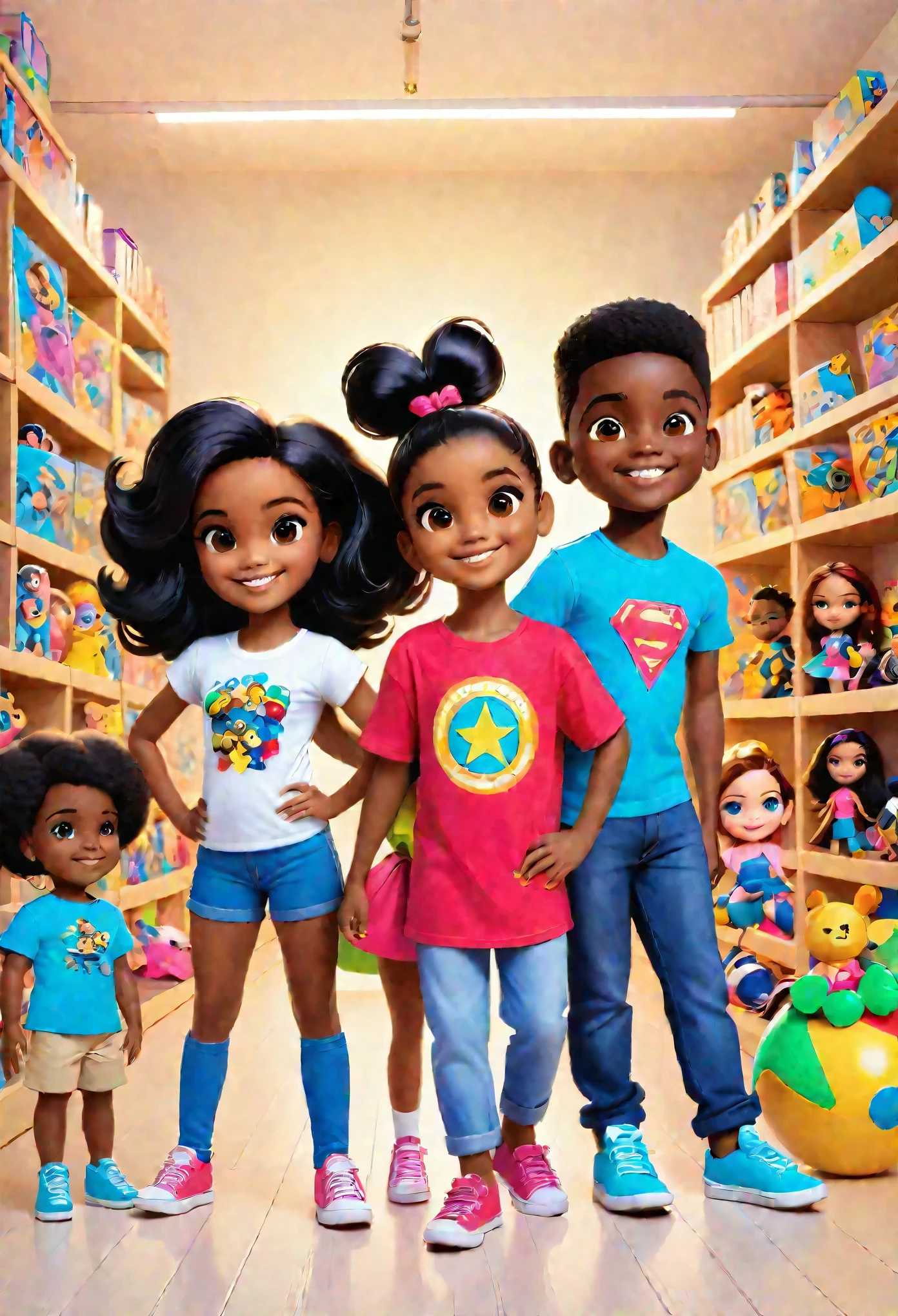 Four black children between 10 and ************, sendo 2 ******s e uma ,  com tshirts brancas sorridentes , with lots of toys at your feet, like superhero dolls, bicicletas, bonecas barbie, bolas de futebol e embrulhos de presente e sacos cheio de outros brinquedos em formato de cartoon tipo pixar, They are in a studio with nothing on the walls that are completely white and they are posing happily for a photo for Children&#39;s Day.  Cabelos crespos, cabelos encaracolados, muitos brinquedos ao fundo  nas prateleiras brancas