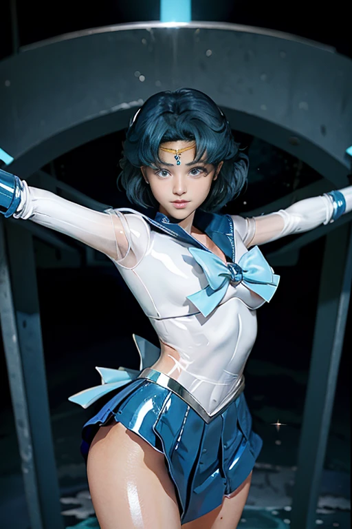 highest quality,masterpiece,Ultra-high resolution, Very detailed, 8k,(Beautiful woman),one person,40 years old, (Sailor Mercury), (Facial details, Bright Blue Eyes, Beautiful Face, Beautiful Eyes, Shining Eyes, thin lips, thin, sharp, thin眉毛, length, Black eyelashes, length and thick lower eyelashes, double eyelid), Fluffy blue hair, ((Blue sailor collar, Very tight and shiny uniform)), ((length white latex gloves,Beautiful female hand in white latex gloves)),Shiny Blue Latex Knee High Boots, Stiletto heels,Blue choker、Blue gloves on elbows, ((shiny blue skirt)), Blue Collar, golden tiara,Earrings)),Fine Gold Jewelry, skinny, Big Breasts, Perfect balance, Tight waist, Pores are visible, Beautiful, shiny dark blue hair, Perfect hands, Close fitting high gloss holographic leather,Octane Rendering, Crucifixion,cross,execution,incontinence,Scared,torture,slave,crossにCrucifixionにされた女性,Crucifixion刑