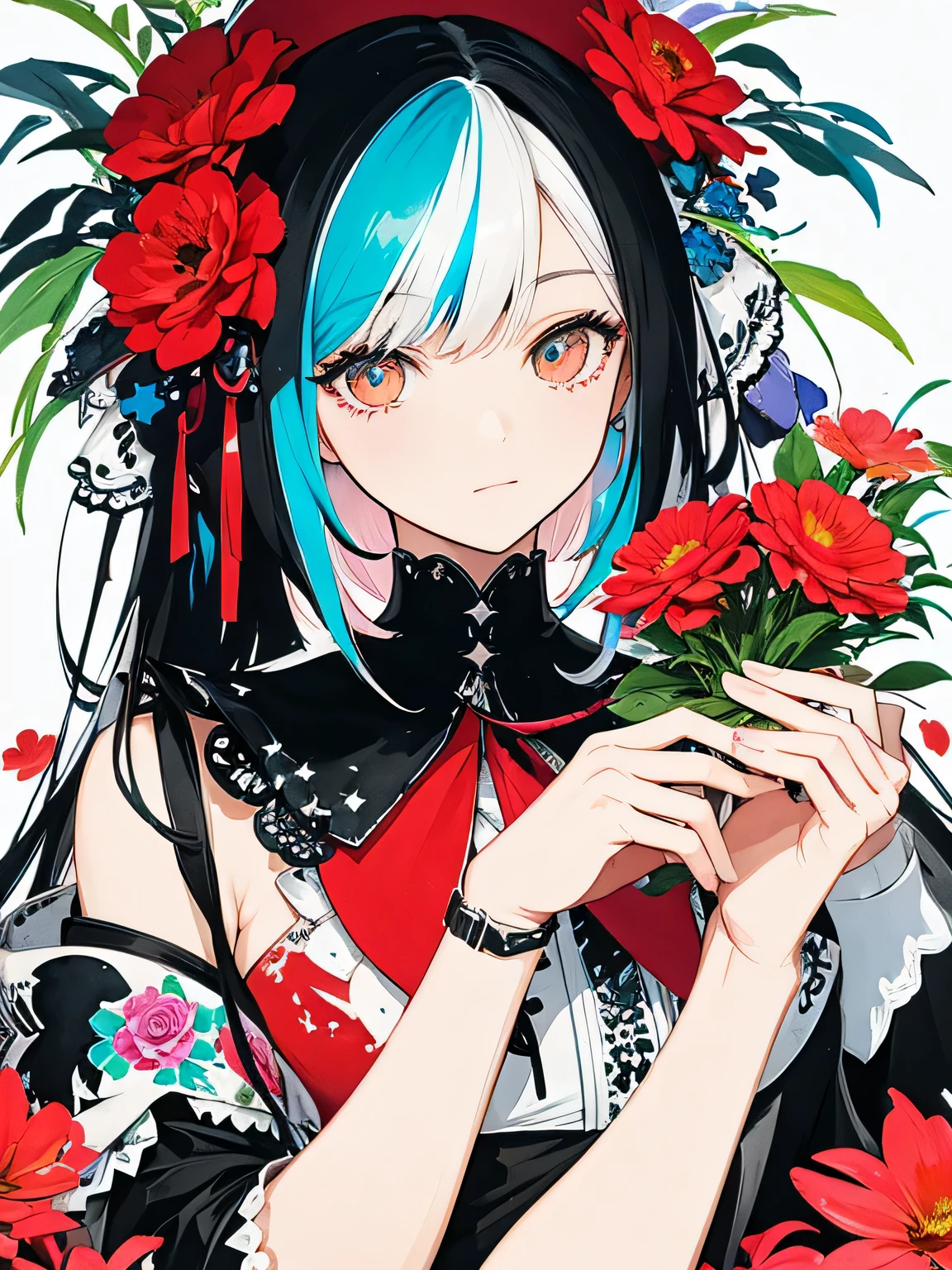 Black Star Red and White Style、(((stylish fashion))), 8K Quality、Intense watercolor, Detailed watercolor art, Watercolor splash, Surreal, avant-garde pop art, Beautiful and expressive paintings, Beautiful artwork illustration, Very colorful tones, wonderful, Cool beauty, highest quality、Official Art, Vector art, Stylish design, (((The most beautiful girl))), (((highest quality))), HDR, ((detailed)), (((Doodle Art)), ((masterpiece)), ((Super detailed)), (((Colorful flowers))),(((Stylish))),